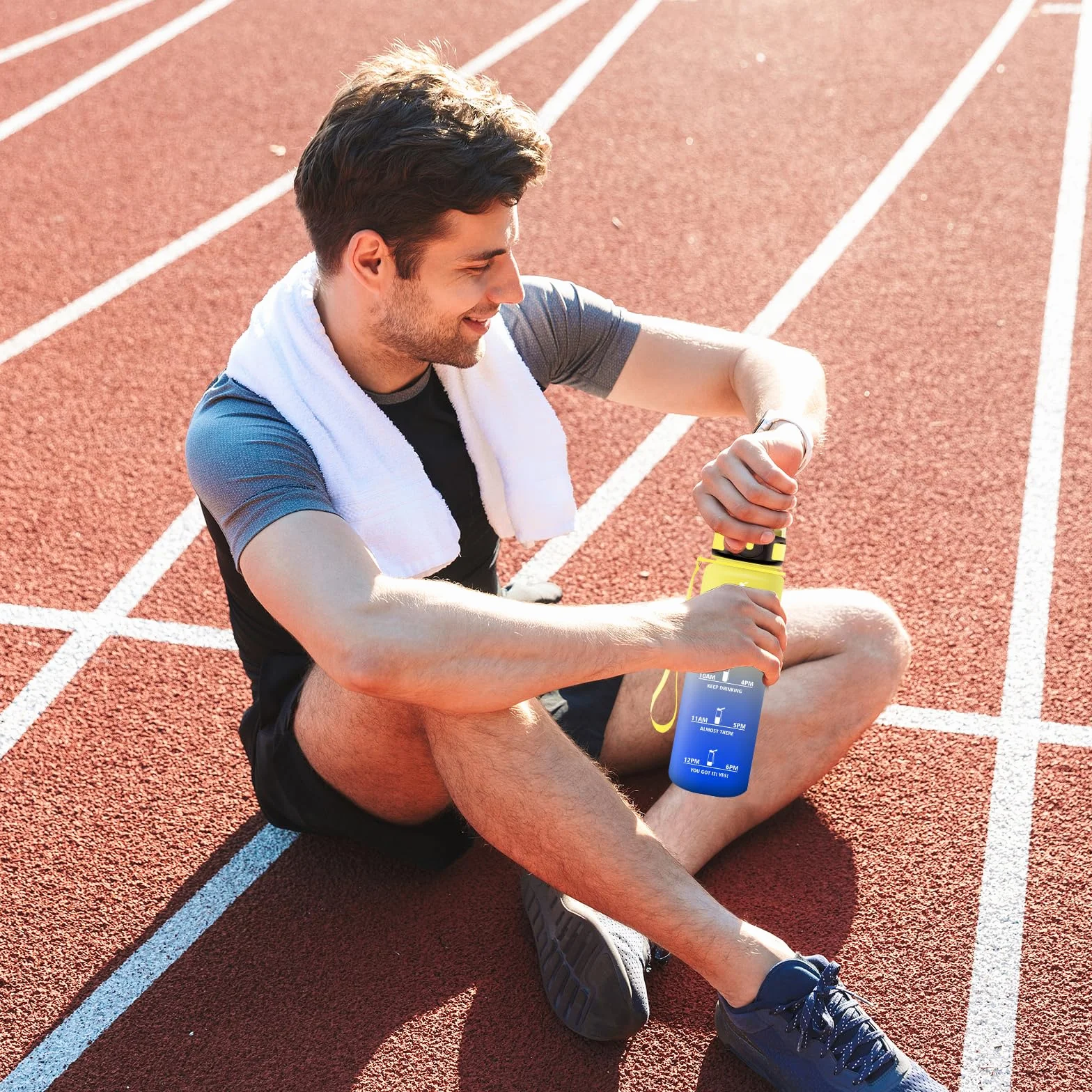 Borraccia Sportiva 1L con Cannuccia a Prova di Perdite, Bottiglia Acqua con Indicatore del Tempo per Scuola Ufficio Palestra