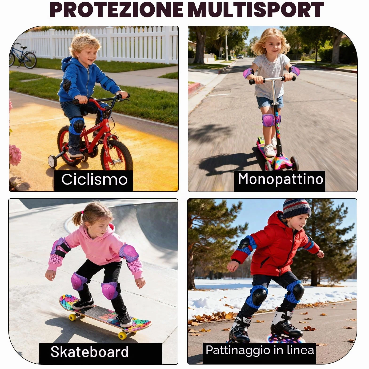 Zorplex Protezione Kit per Bambini, Sicurezza Set 6 in 1 Ginocchiere Gomitiere Tutore Polso, Regolabile per Skateboard Scooter Rollerblade