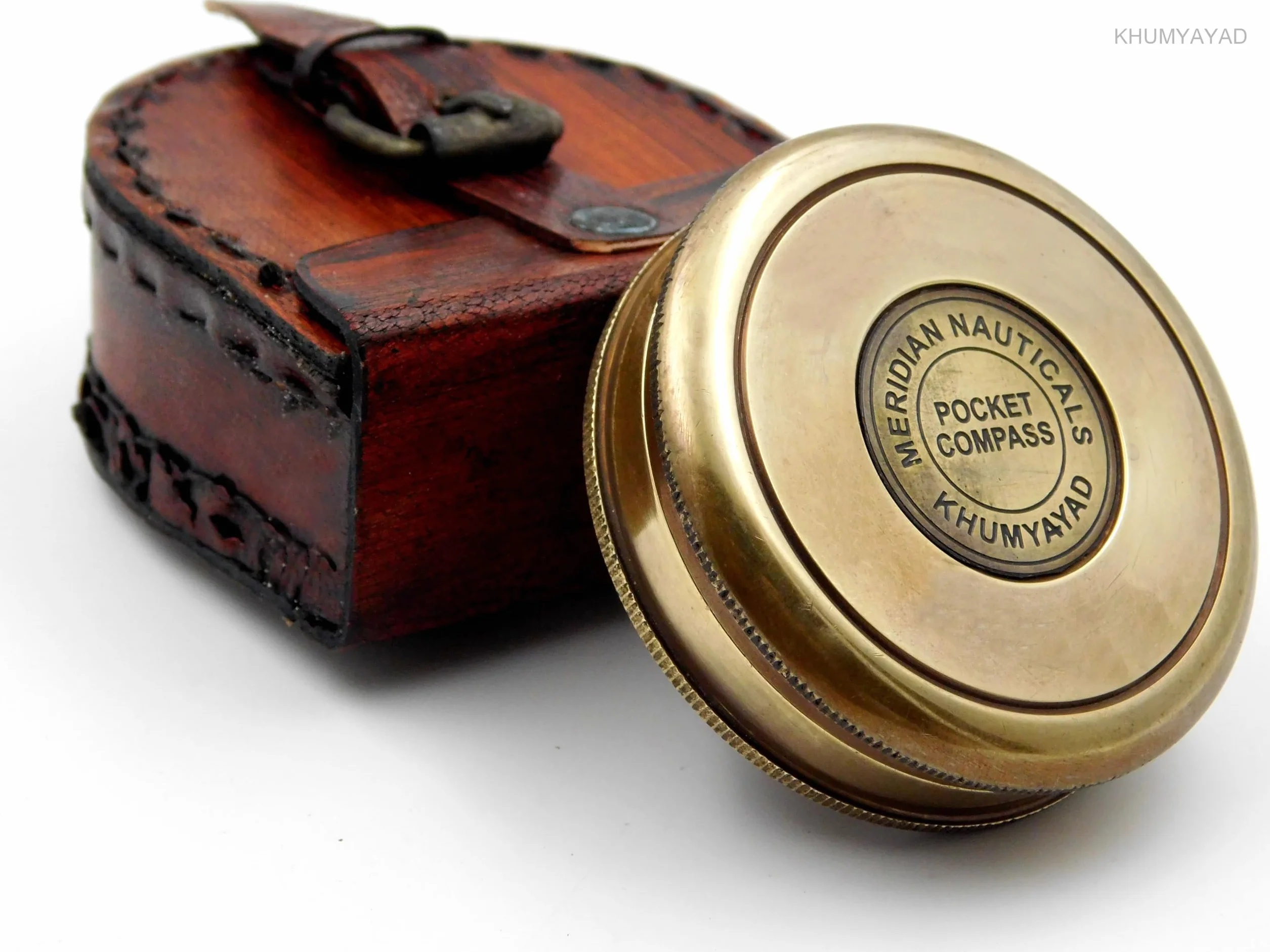 Bussola tascabile in ottone antico con custodia in pelle