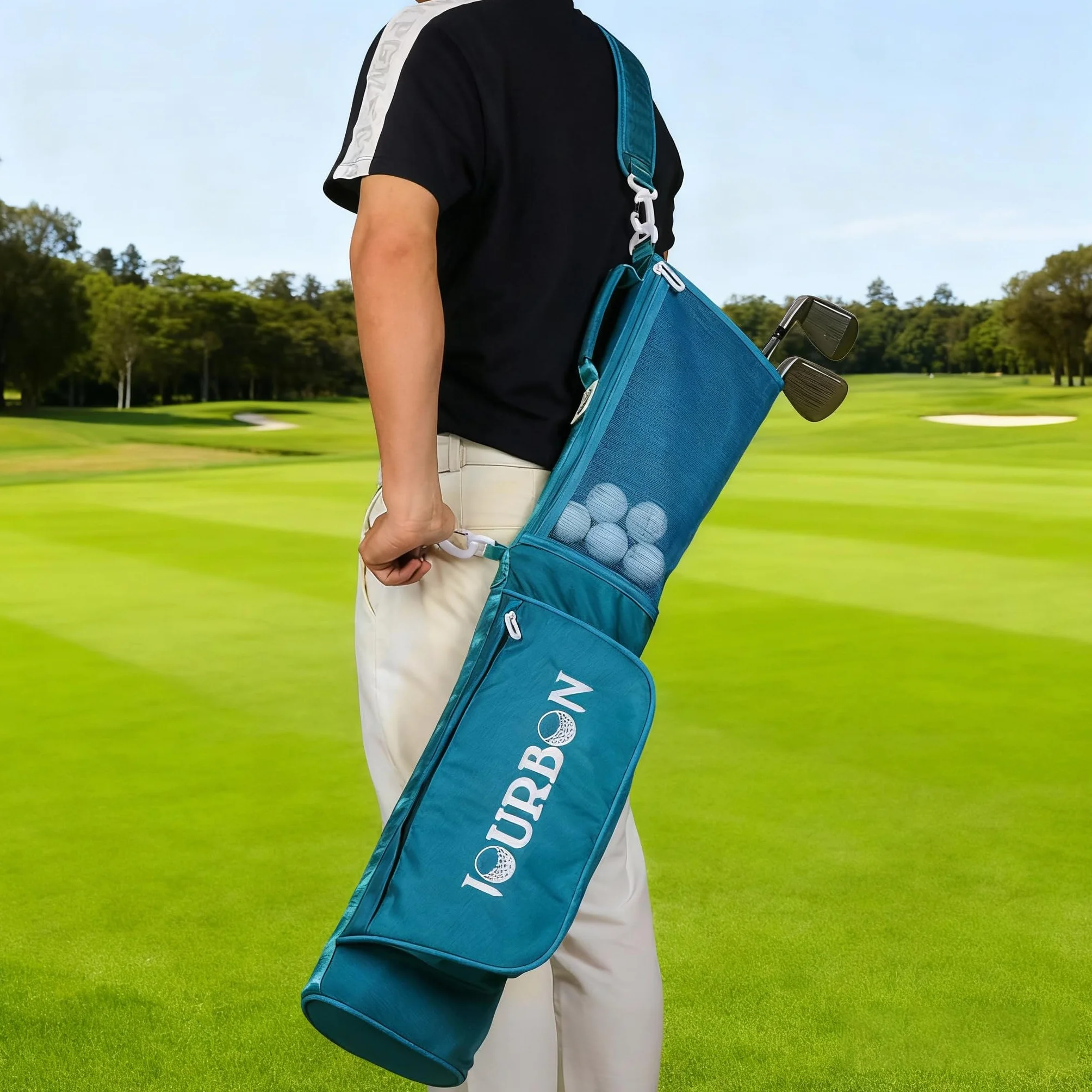TOURBON Borsa da golf in nylon leggera per la conservazione delle mazze da golf, con tasche, per uomo e donna, con tracolla regolabile