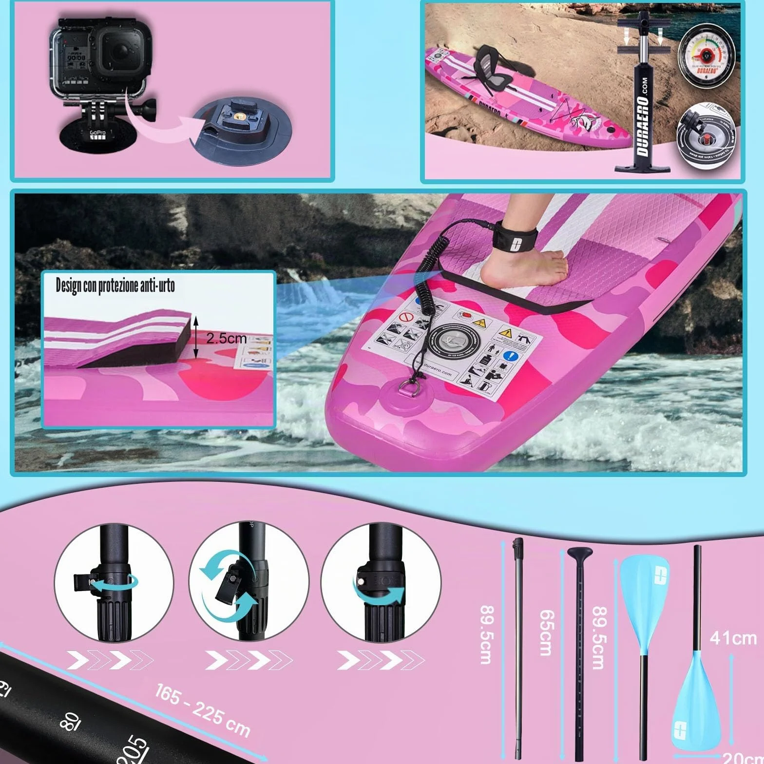Tavola SUP gonfiabile 330x76x15 cm 150 kg supporto cam pad 3 pinze doppia pagaia regolabile Pink