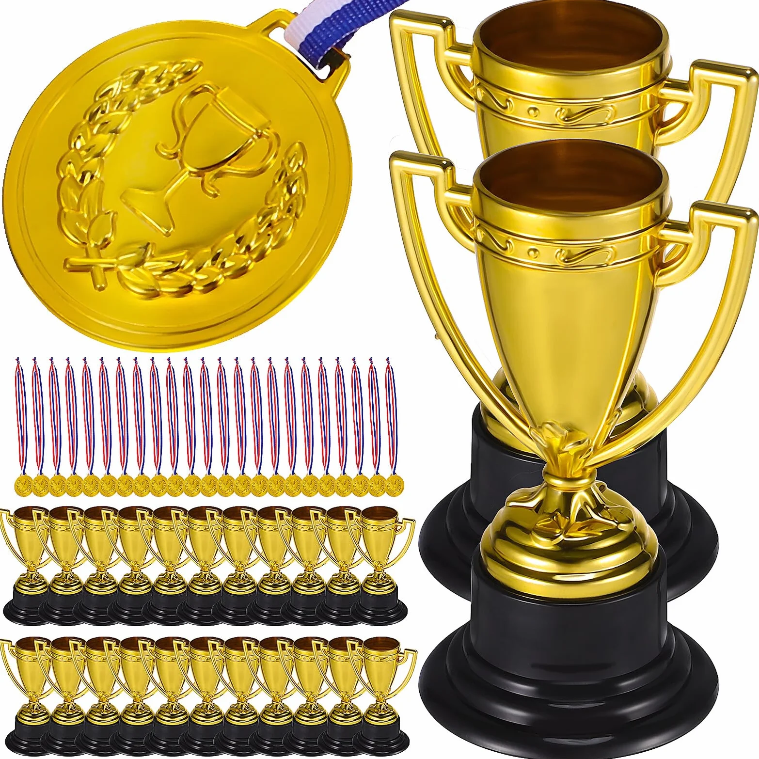 Set di 24 Medaglie e 24 Mini Trofei in Plastica Oro per Premiazioni Sportive e Bowling