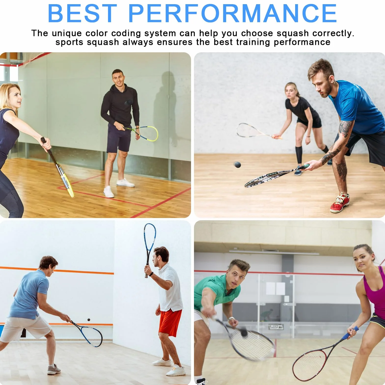 Palline Da Squash Set di 4, Alto Rimbalzo, Doppi Punti Gialli, Singoli Punti Gialli, Rossi, Blu, Per Principianti