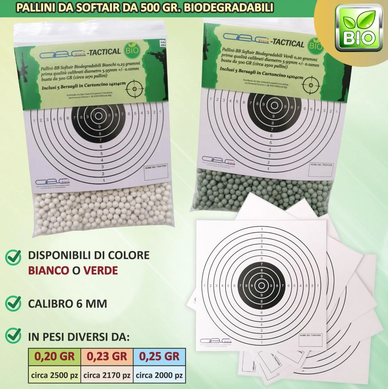 Pallini BB Biodegradabili Bio 500gr 6mm Softair Verdi Bianchi 0,20 0,23 0,25 Grammi con 5 Bersagli 14x14