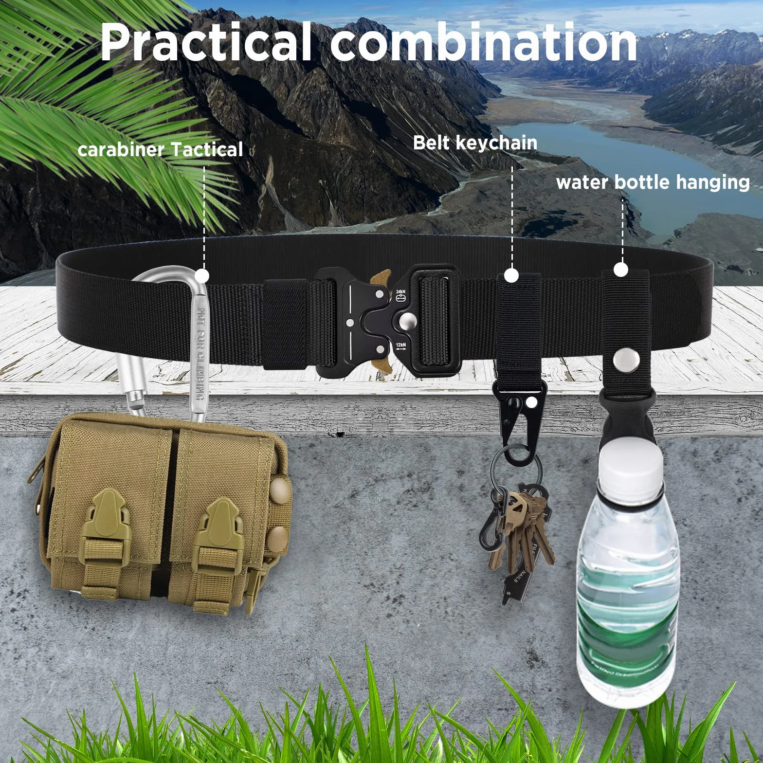 Cintura Tattica Regolabile 125cm Nylon Militare Esercito con Moschettone Portachiavi Fibbia Multifunzione per Caccia Camping Outdoor Trekking