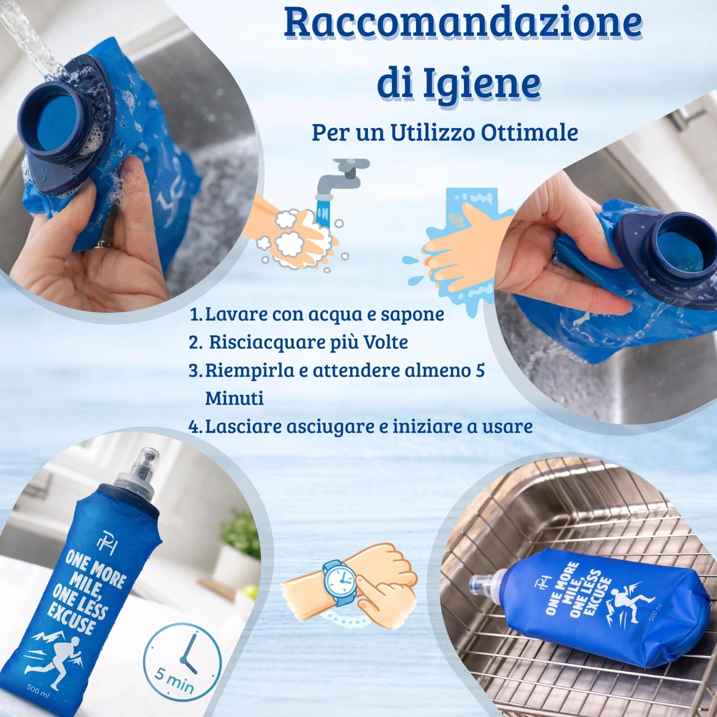 Ph Pro Heat Borraccia Morbida Running 500 ml Blu - Bottiglia Pieghevole per Trail, Ciclismo, Escursionismo