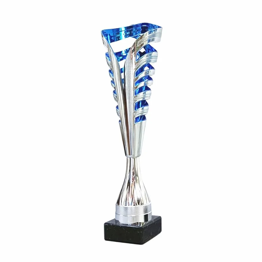 Trofeo Coppa in ABS Argentato e Blu Altezza 36,5 cm Base in Marmo Nero Targhetta Personalizzata