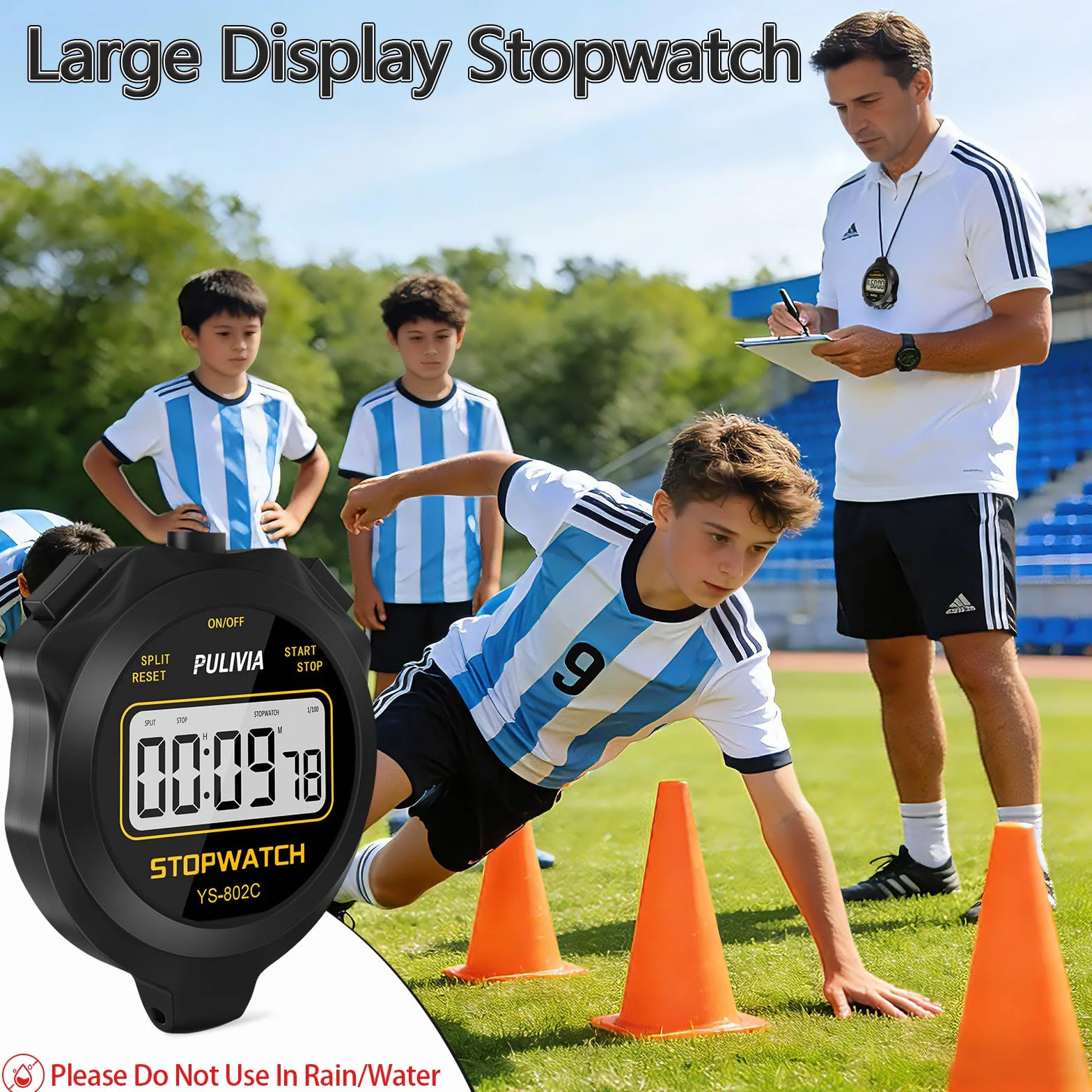 Cronometro Digitale PULIVIA Sportivo con Pulsante Silenzioso ON/OFF per Bambini, Allenatori, Corsa, Nero