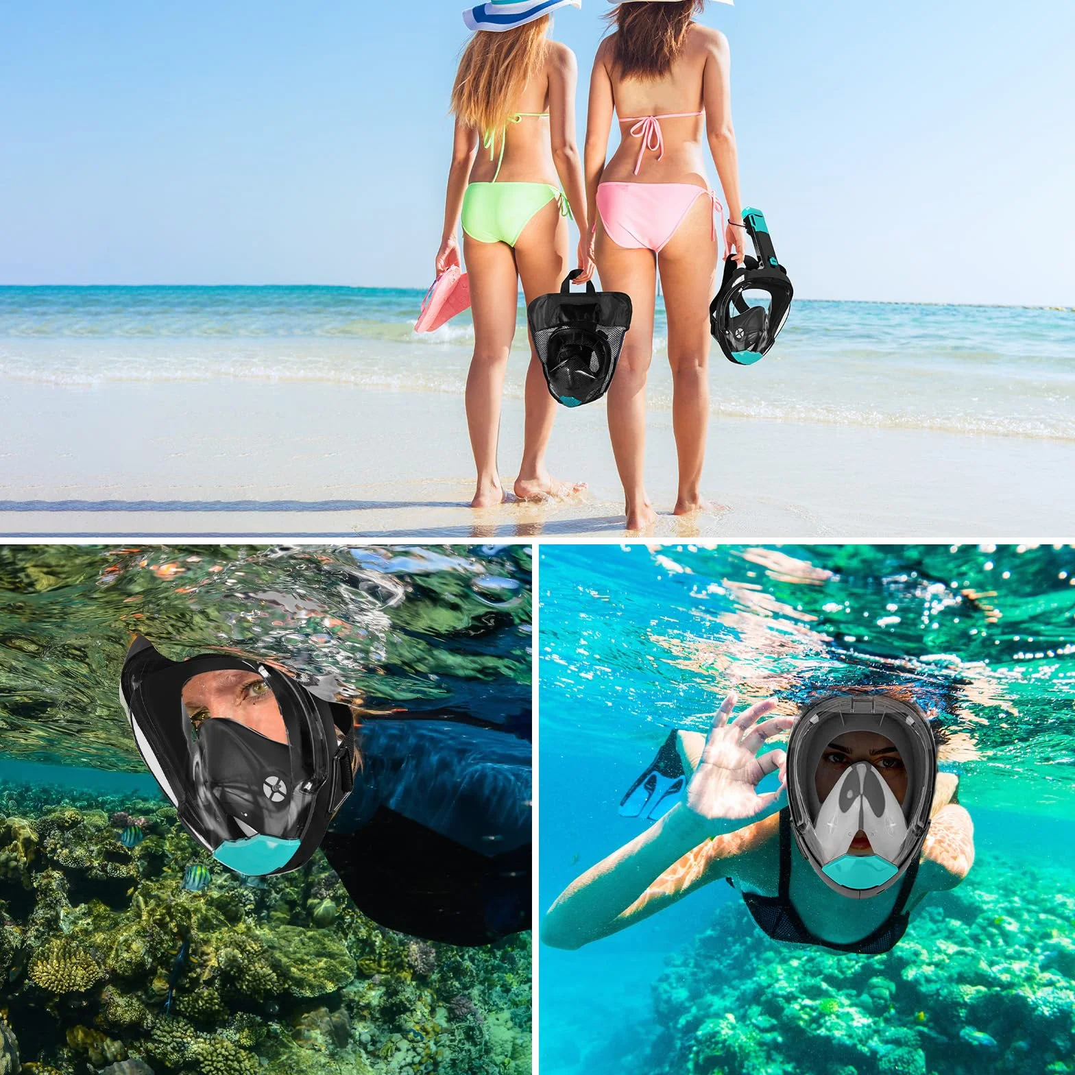 Maschera da Snorkeling Adulti L/XL Integrale 180° Pieno Facciale Antiappannante Easybreath