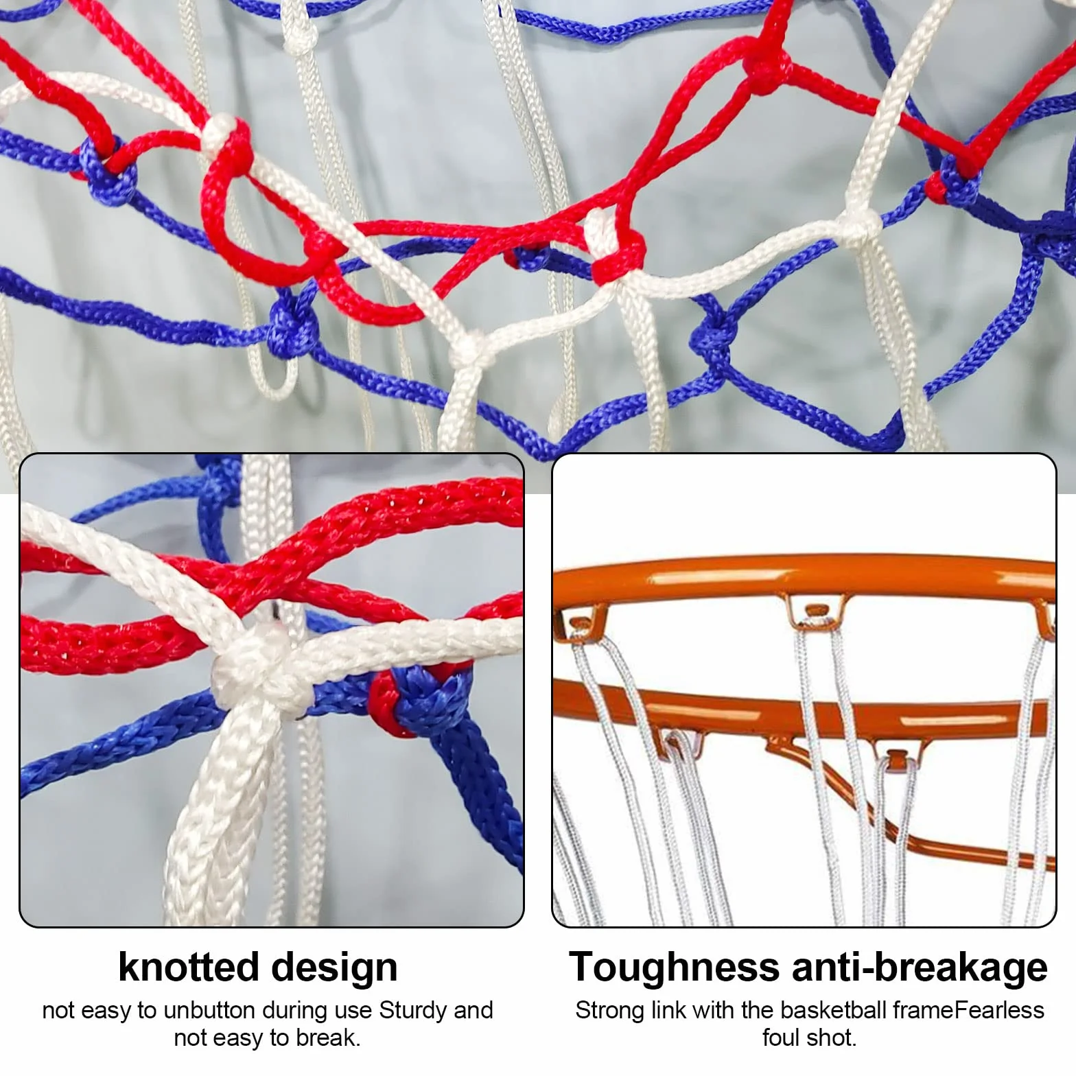 TSHAOUN Rete da basket resistente, confezione da 4 pezzi, per sport all'aperto e al chiuso, 4 pezzi, colore: rosso bianco e blu