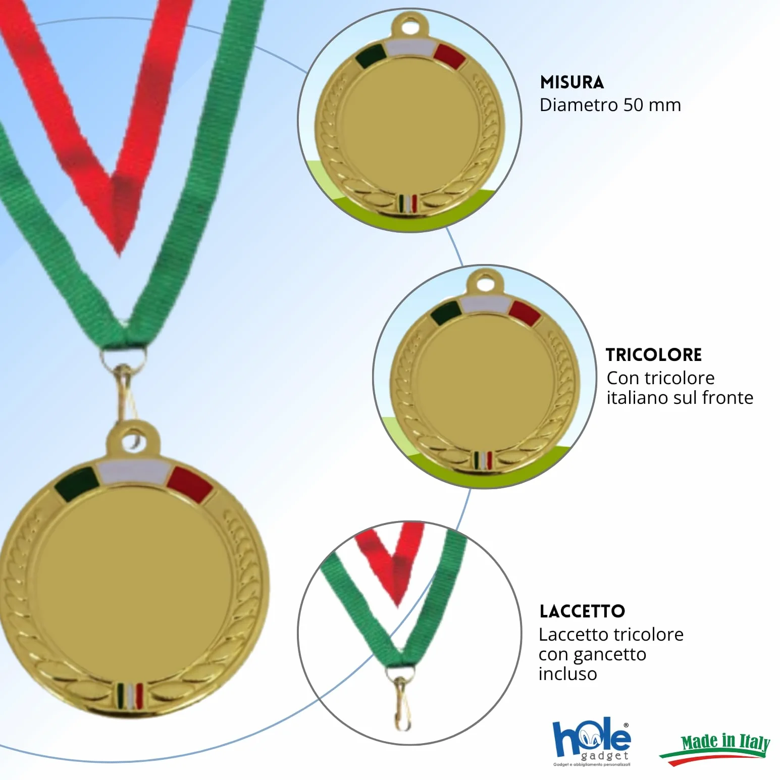 Medaglia Personalizzata con Tricolore Italiano 50mm Metallo Laccetto Tricolore