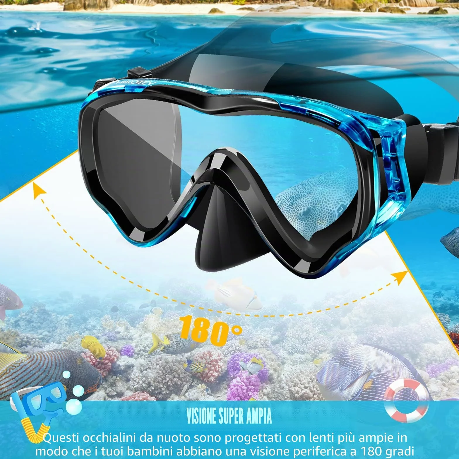 Maschera Immersione per Bambini,Maschera per Immersioni Anti-Nebbia & Anti-Perdite Panoramica 180°,Dotato di Tappi per le Orecchie e Clip per il Naso,Adatto a Bambini dai 4 ai 16 Anni