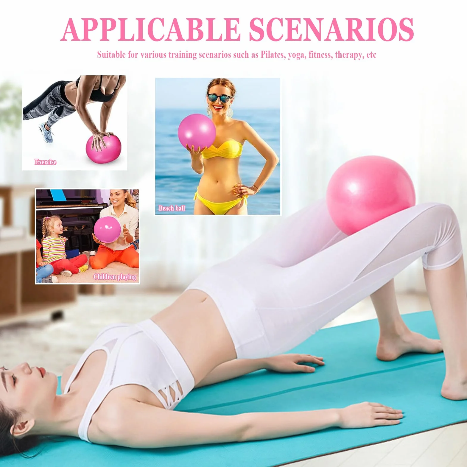Palla Fitness Rosa 25cm Soft Pilates Anti Scoppio Fitball con Cannuccia Gonfiabile per Yoga Pilates Esercizi Equilibrio