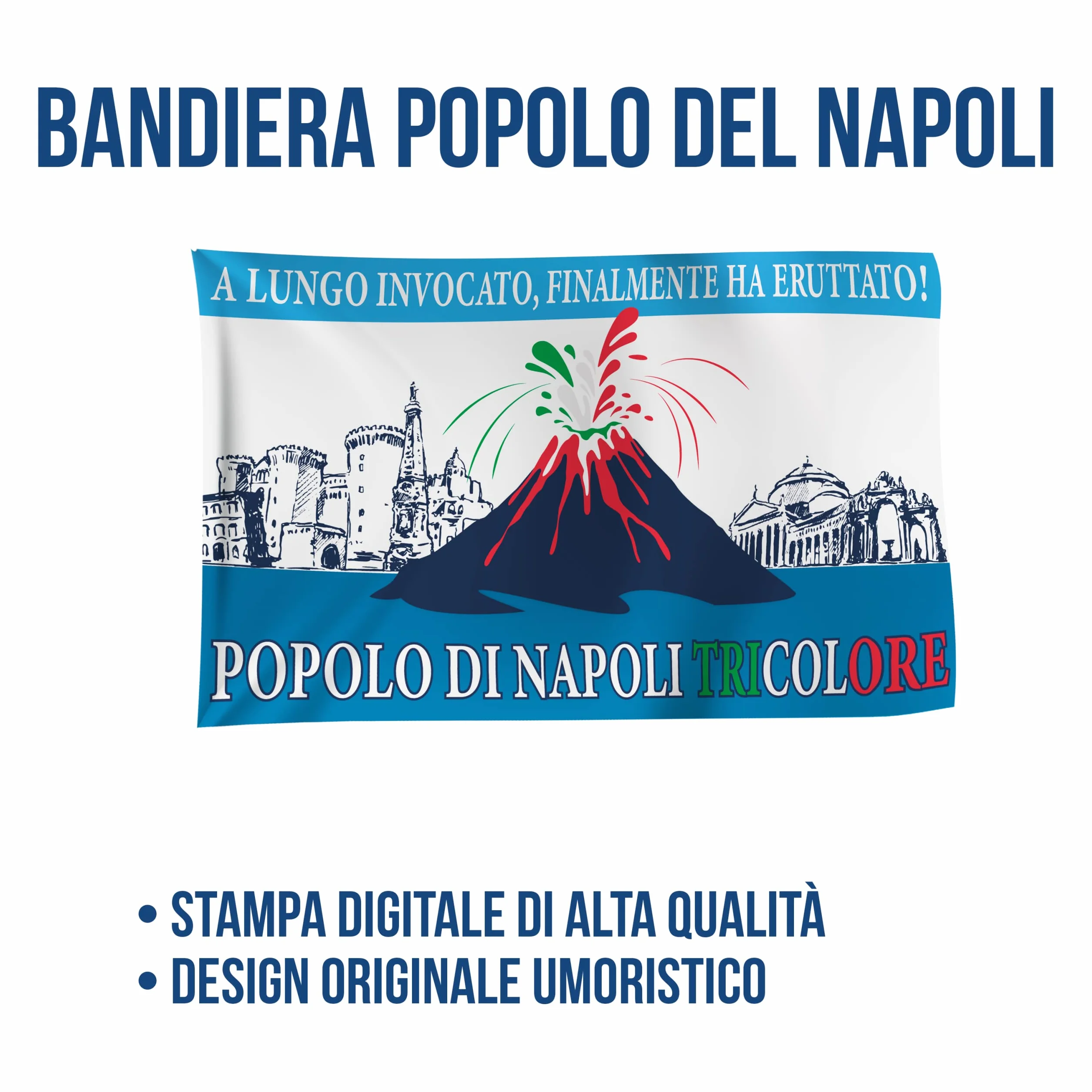 Bandiera 4° Scudetto Popolo di Napoli - Bandiera "Vesuvio Erutta" 90x150 cm - Gadget 4° Tricolore - Regalo Tifoso Calcio, Senza Asta