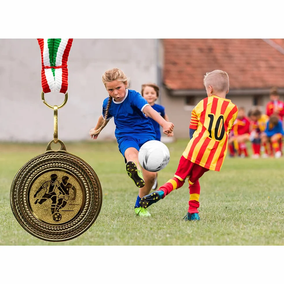 Set 10 medaglie da Calcio in Metallo Dorato con Nastro Blu-Bianco-Rosso per Bambini e Tornei