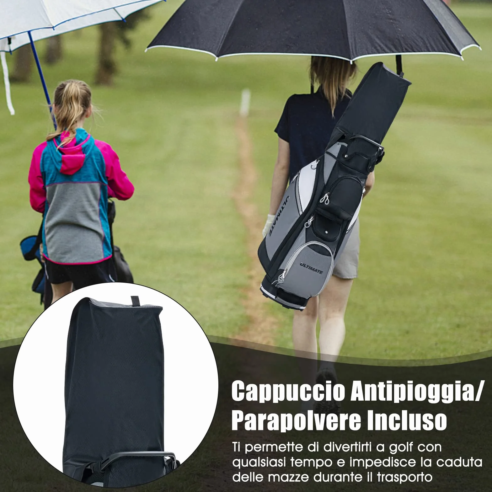 COSTWAY Borsa da Golf con 14 Divisori, Sacca per Mazze da Golf con Borsa Termica, Cappuccio Impermeabile, Maniglie e Tracolla, Ideale per Uomini e Donne, Nero e Grigio