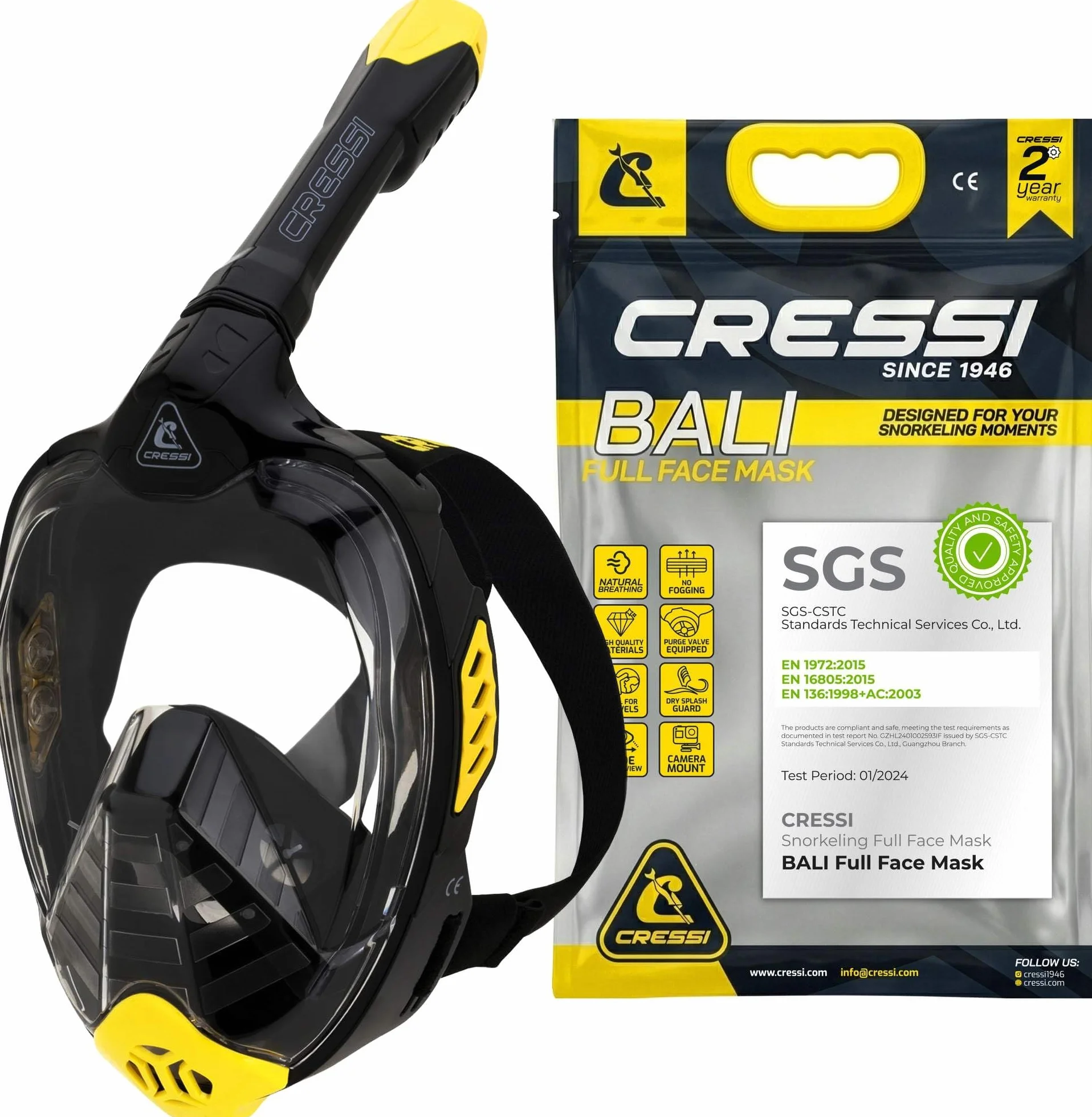 CRESSI Bali Full Face Mask - Maschera Snorkeling Integrale Unisex, Lente Ultra Chiara Anti Fog, 100% Silicone, Snorkel Dry con Valvole Sicurezza, Supporto Action Cam