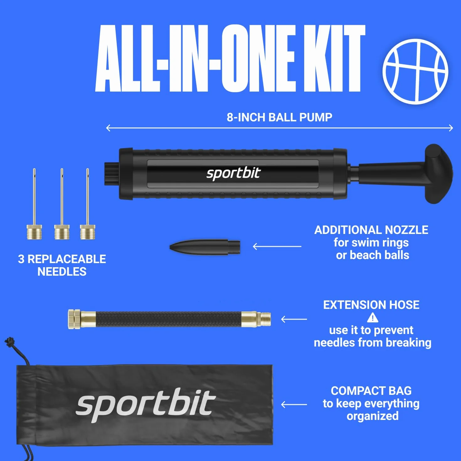 SPORTBIT Pompa a Mano per Palloni Sportivi, Calcio, Basket, Pallavolo, Gonfiabili da Piscina con 3 Aghi, Tubo Flessibile e Custodia