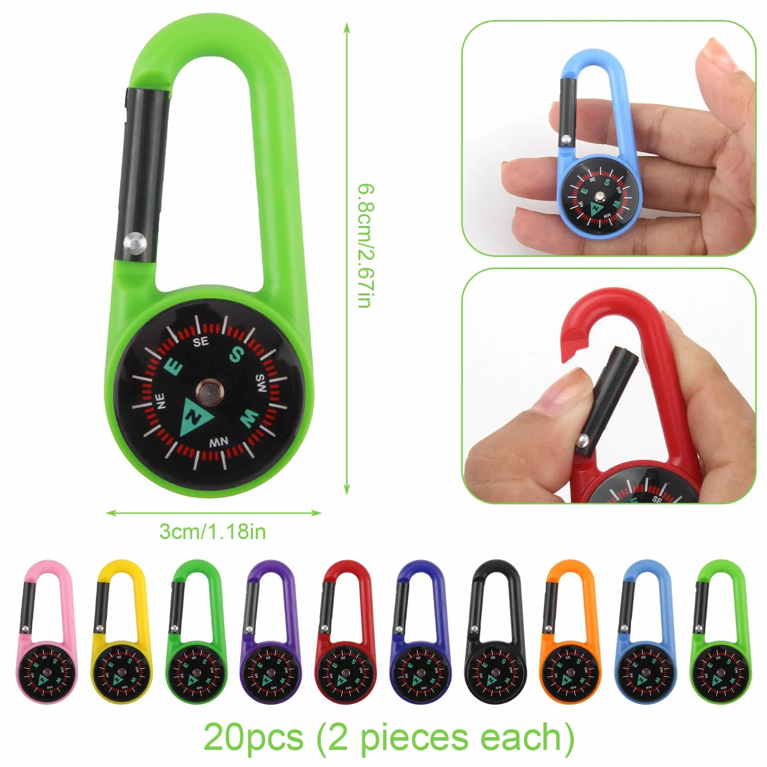 20 Pezzi Bussola Portachiavi, Moschettone Bussola Bambini, Mini Bussole da Campeggio, Colorata, Navigazione, Orienteering