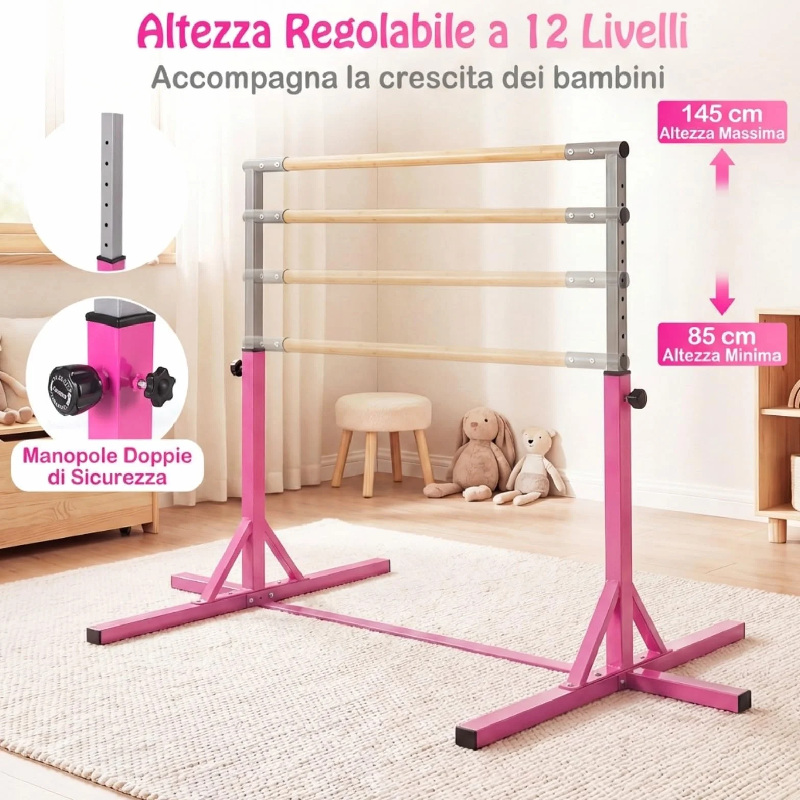 COSTWAY Sbarra per Ginnastica e Danza per Bambini, Barra in Metallo e Bambù Regolabile in Altezza 85-145 cm, Portatile con Cuscinetti Antiscivolo