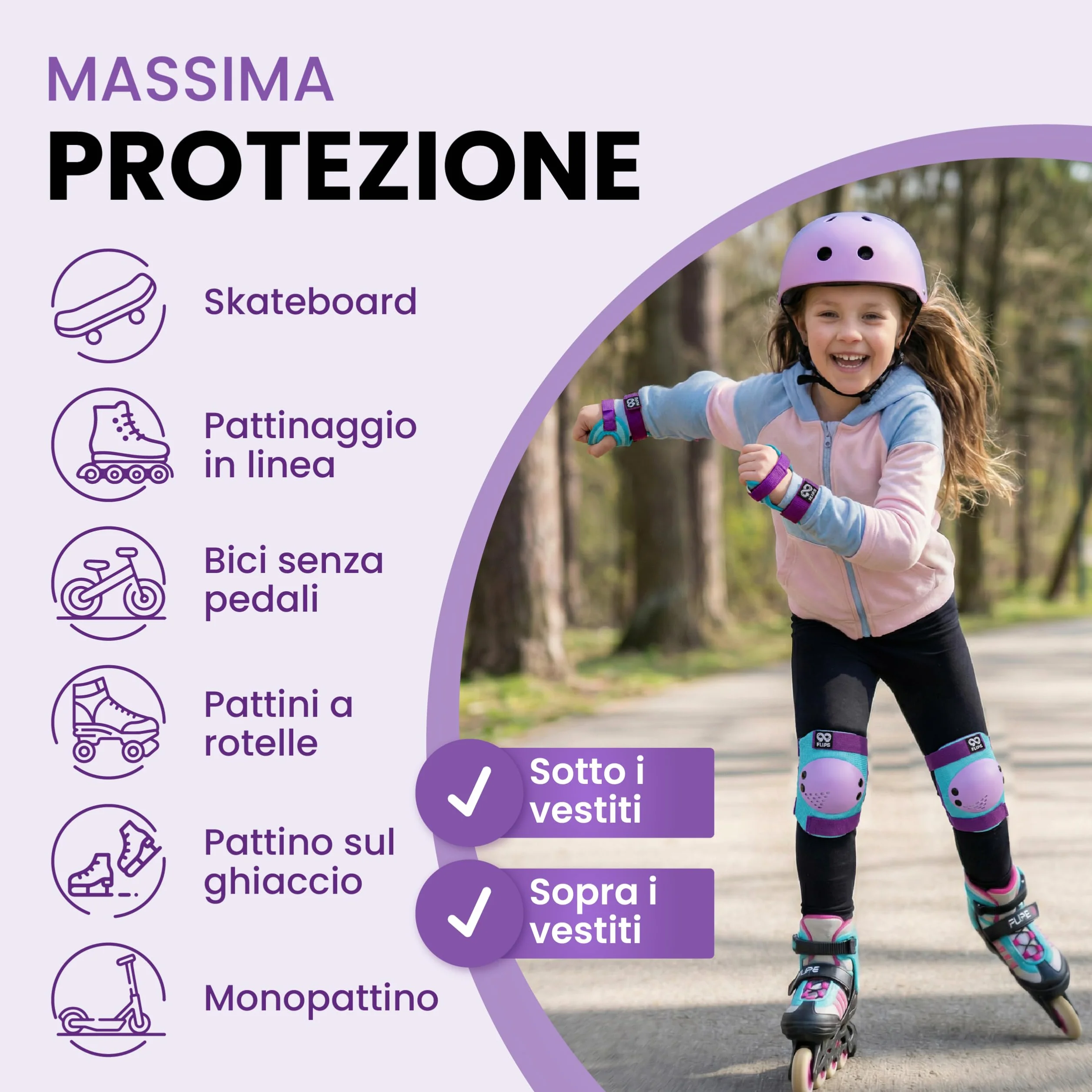 Protezioni Pattini Bambina 3-12 Anni - Ginocchiere, Gomitiere e Protezioni Mani Set da 6 Pezzi per Skateboard, Monopattini e Pattini a Rotelle