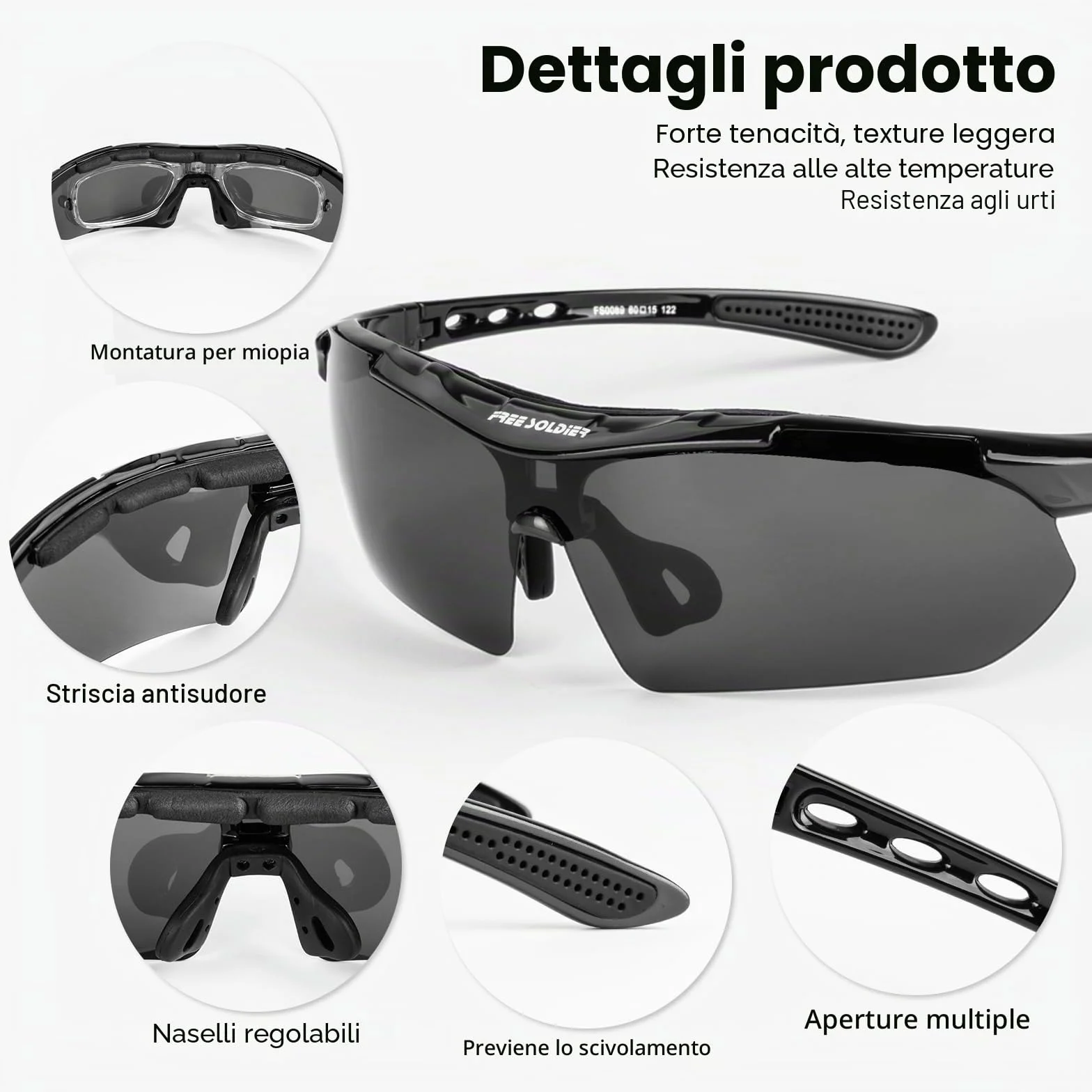 FREE SOLDIER Occhiali da Sole Polarizzati Uomo 5 in 1 Ciclismo MTB Tattici Militari Anti-UV400 Protezione Sport All'aperto
