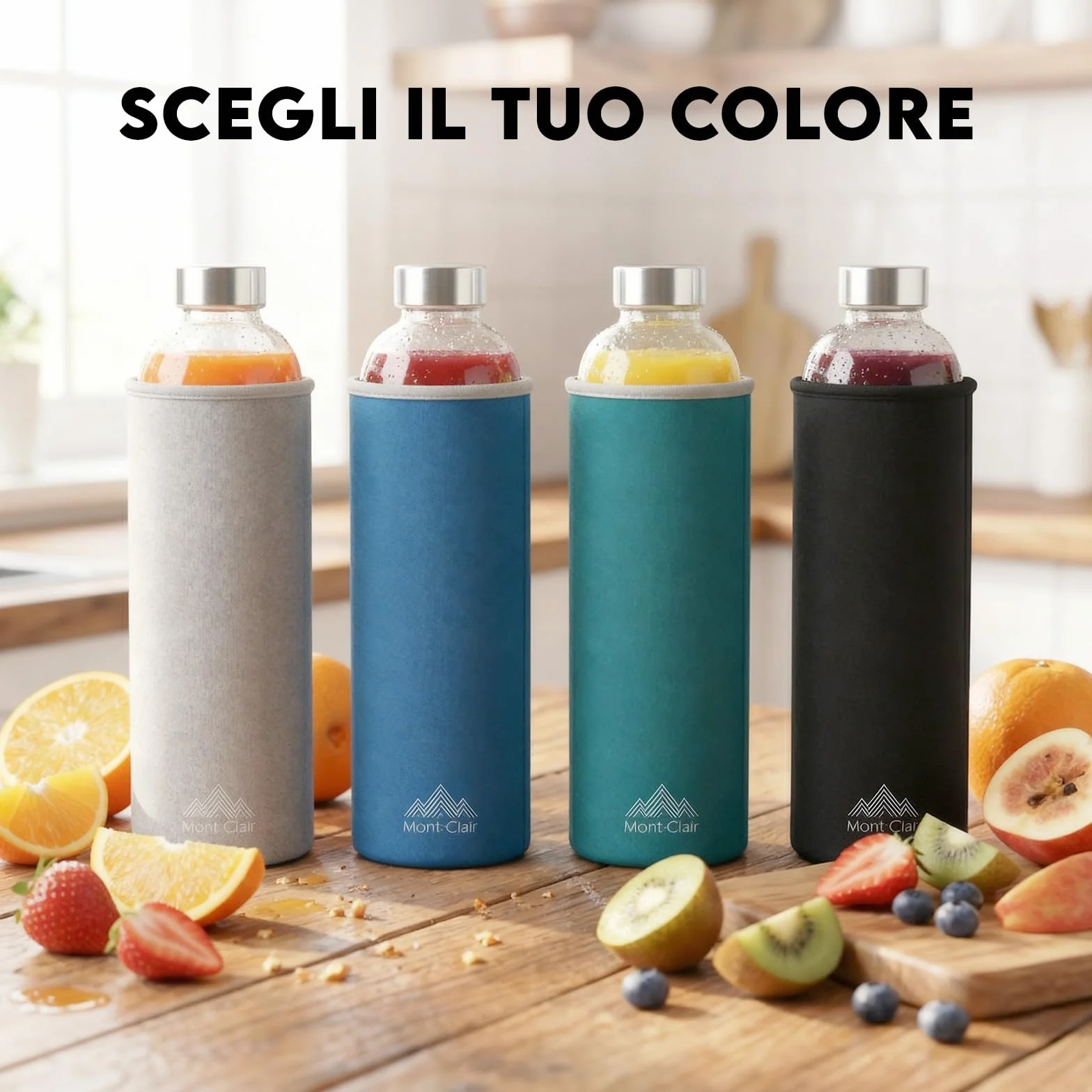 Mont-Clair Kristal Bottiglia Vetro 550ml Borosilicato con fodera in neoprene Anti-perdita senza BPA Bevande calde e fredde Blu