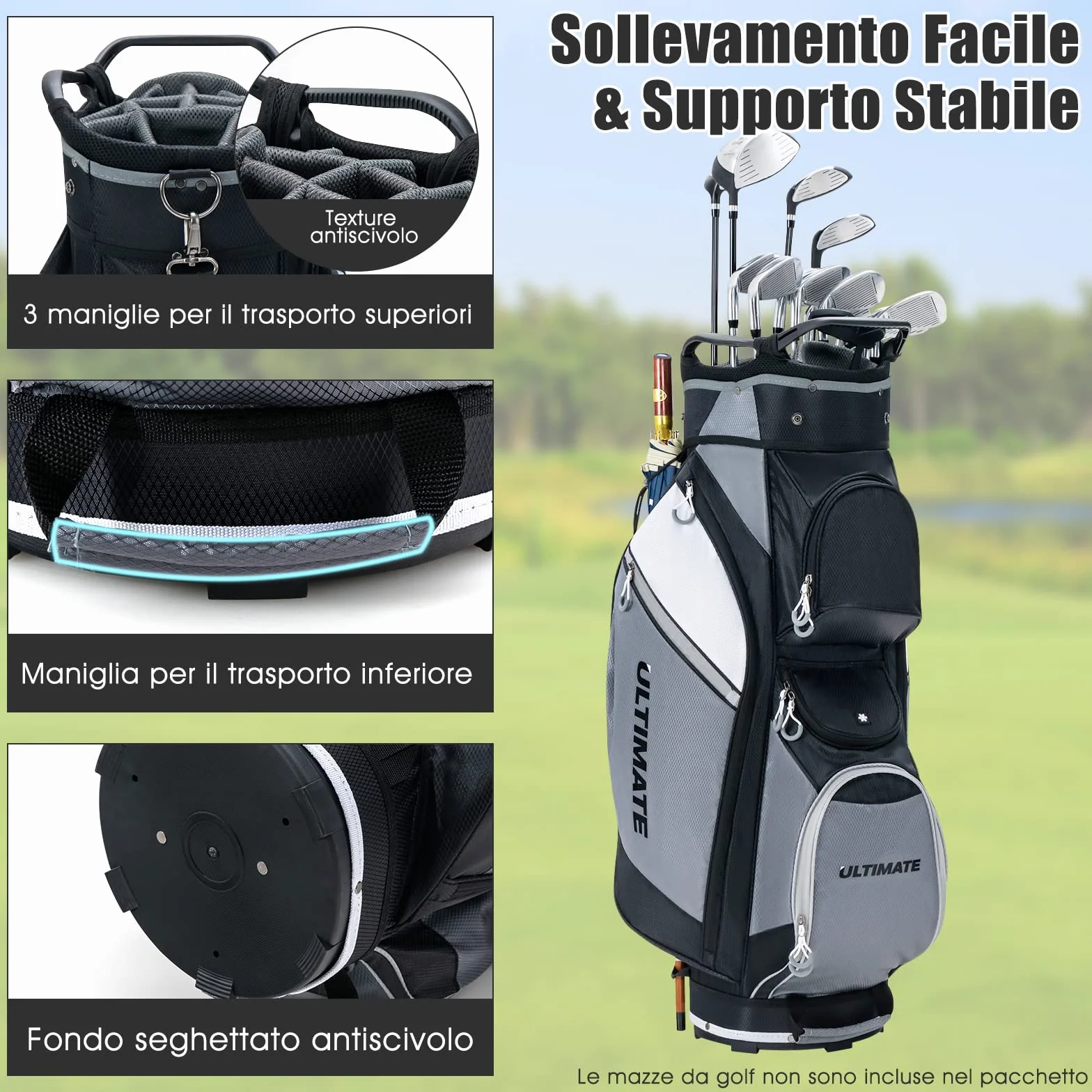 COSTWAY Borsa da Golf con 14 Divisori, Sacca per Mazze da Golf con Borsa Termica, Cappuccio Impermeabile, Maniglie e Tracolla, Ideale per Uomini e Donne, Nero e Grigio