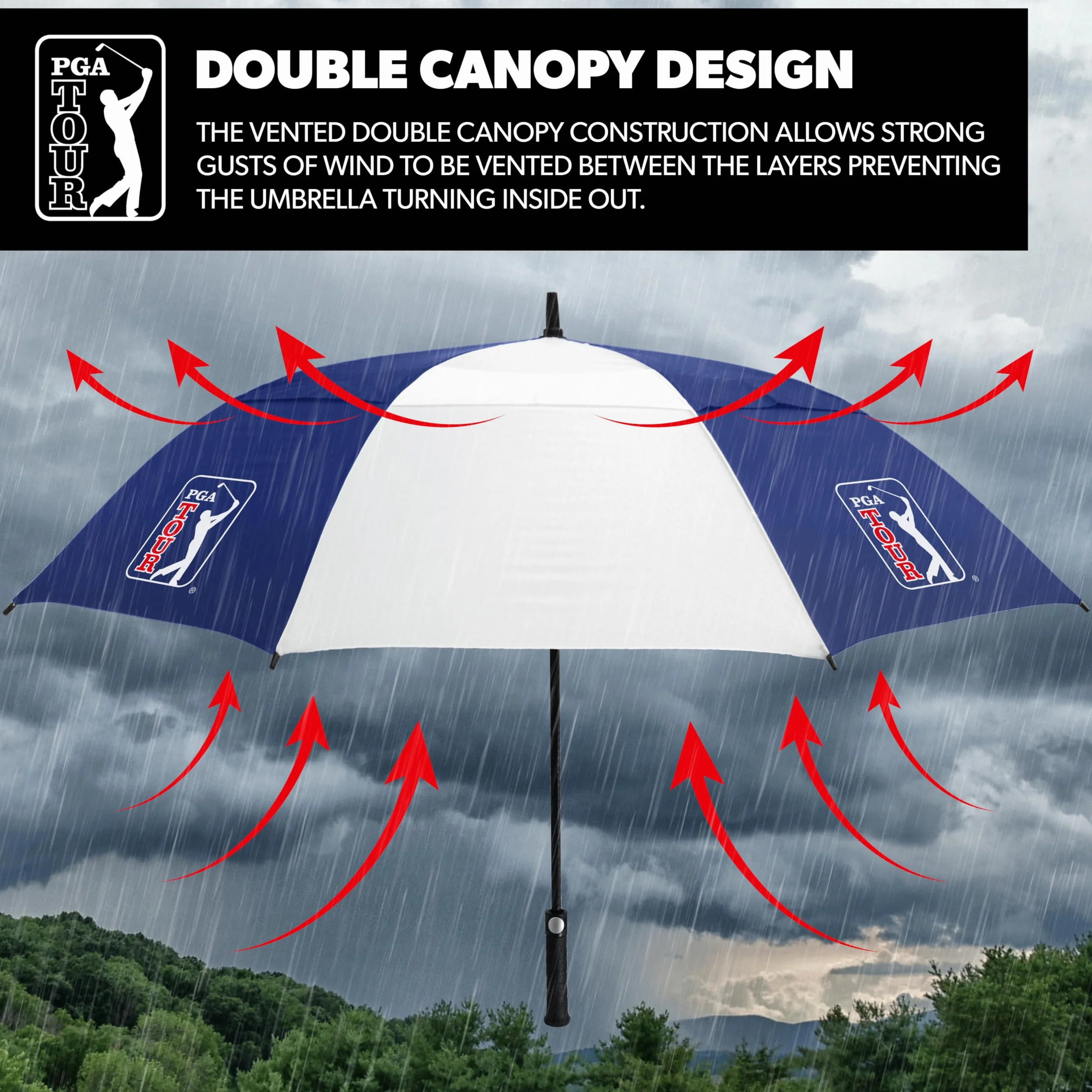 PGA TOUR 62-Inch Golf Umbrella - Windproof Double Canopy, Mens Umbrellas with Auto Open, Fibreglass Shaft, Non-Slip Handle, Velcro Straps, Rainproof Cover - Golf Umbrella Windproof
