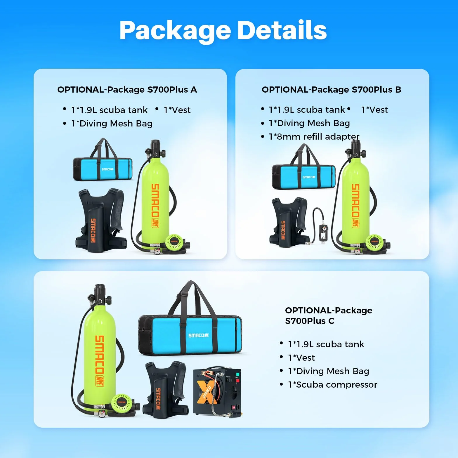 SMACO S700 Plus Mini Bombola Subacquea 2L Sub Scuba Tank Emergenza Aria Riserva