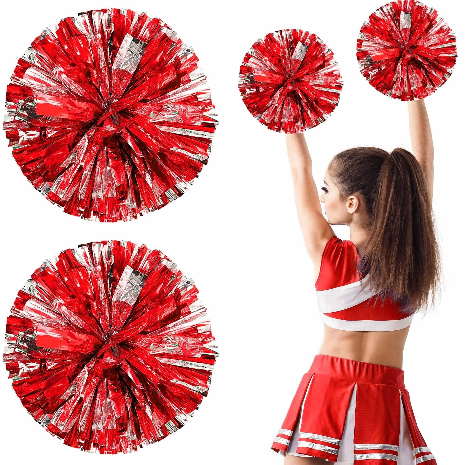 Pompon da Cheerleader con Manici 2 Pezzi Rosso per Ragazze Adulti Sport Festa