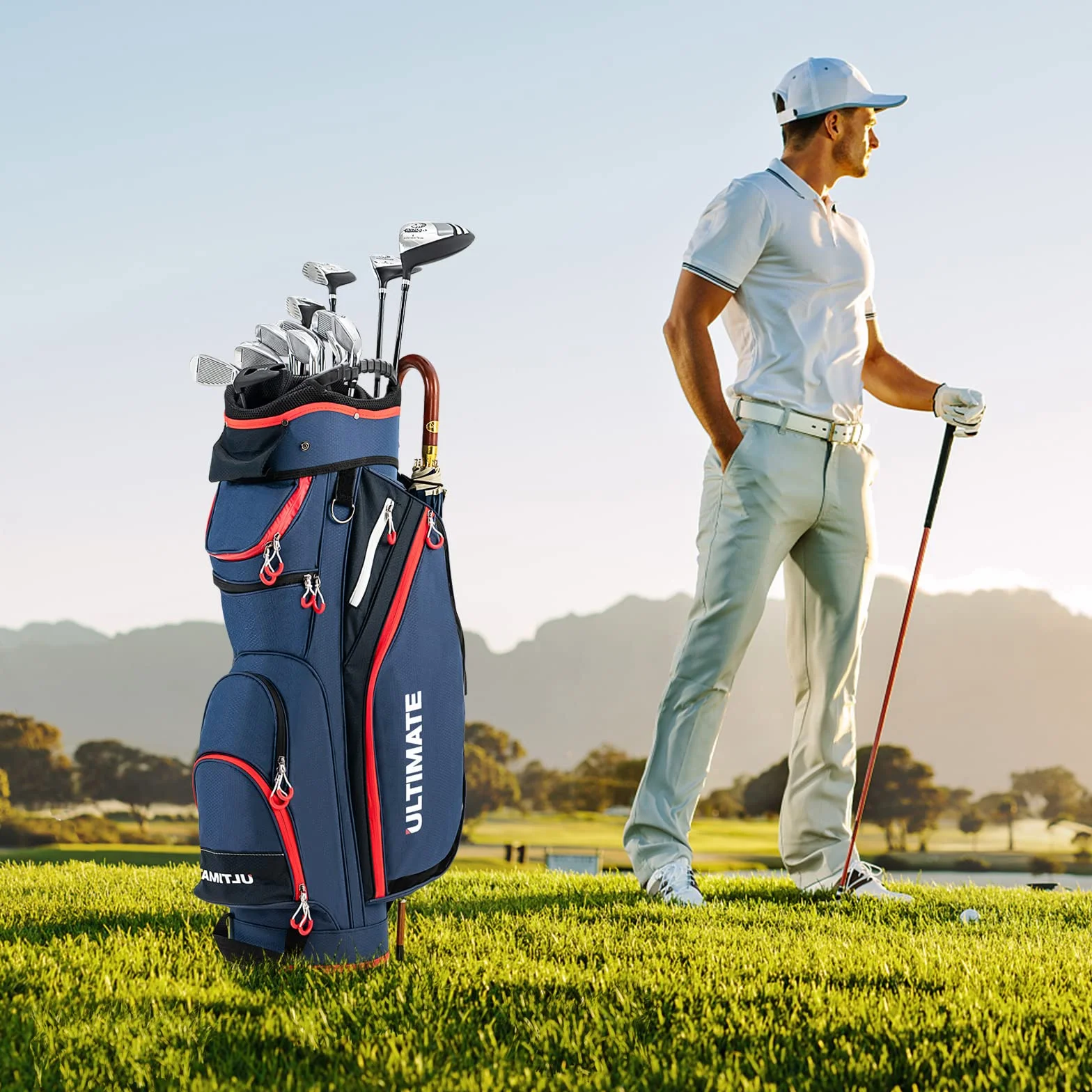 COSTWAY Borsa da Golf Leggera e di Grande Capacità, Sacca da Golf con 14 Divisori, 8 Tasche, Cappuccio Antipioggia, Tracolla, Borsa Termica per Bevande, Ideale per Uomini e Donne (Blu)