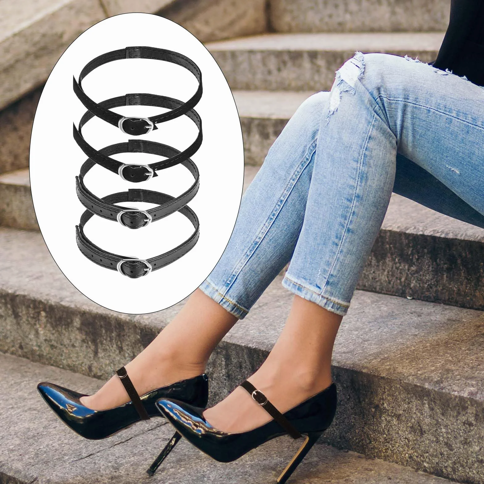 Cinturini per scarpe staccabili regolabili per tacchi alti con fibbie Nero