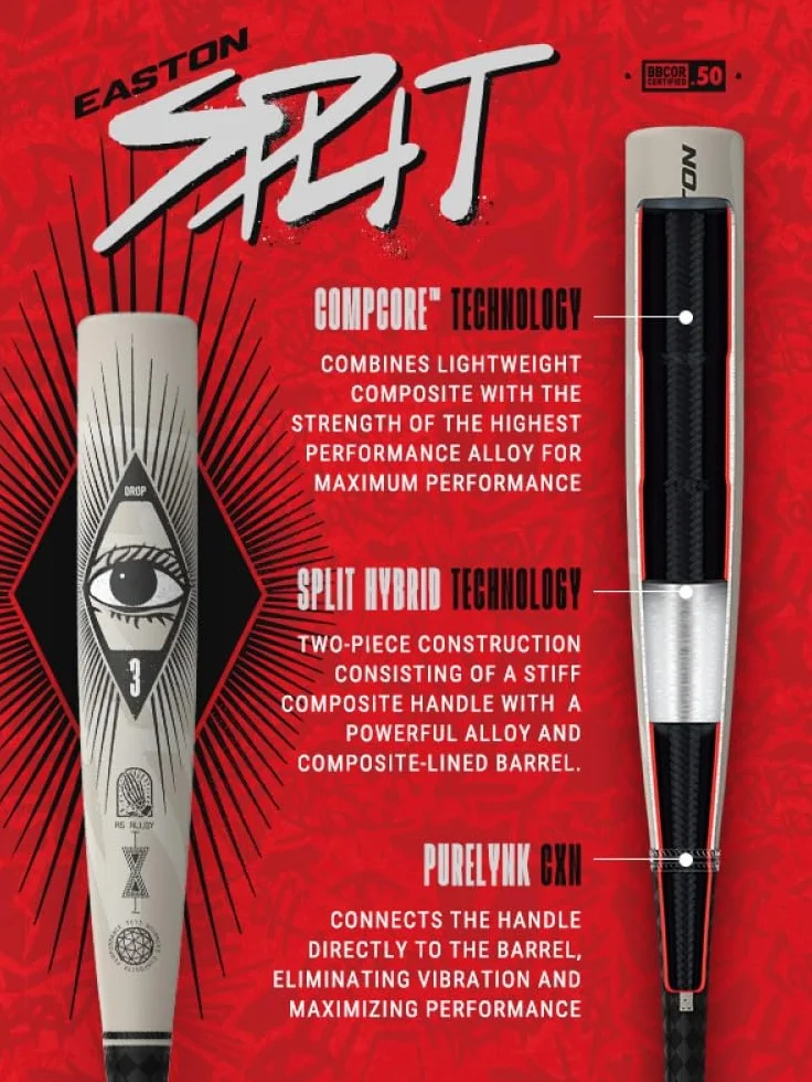 Easton 2025 Mazza Split Baseball Bat BBCOR -3 Drop 2 5/8" Barrel 2 Pc. Hybrid