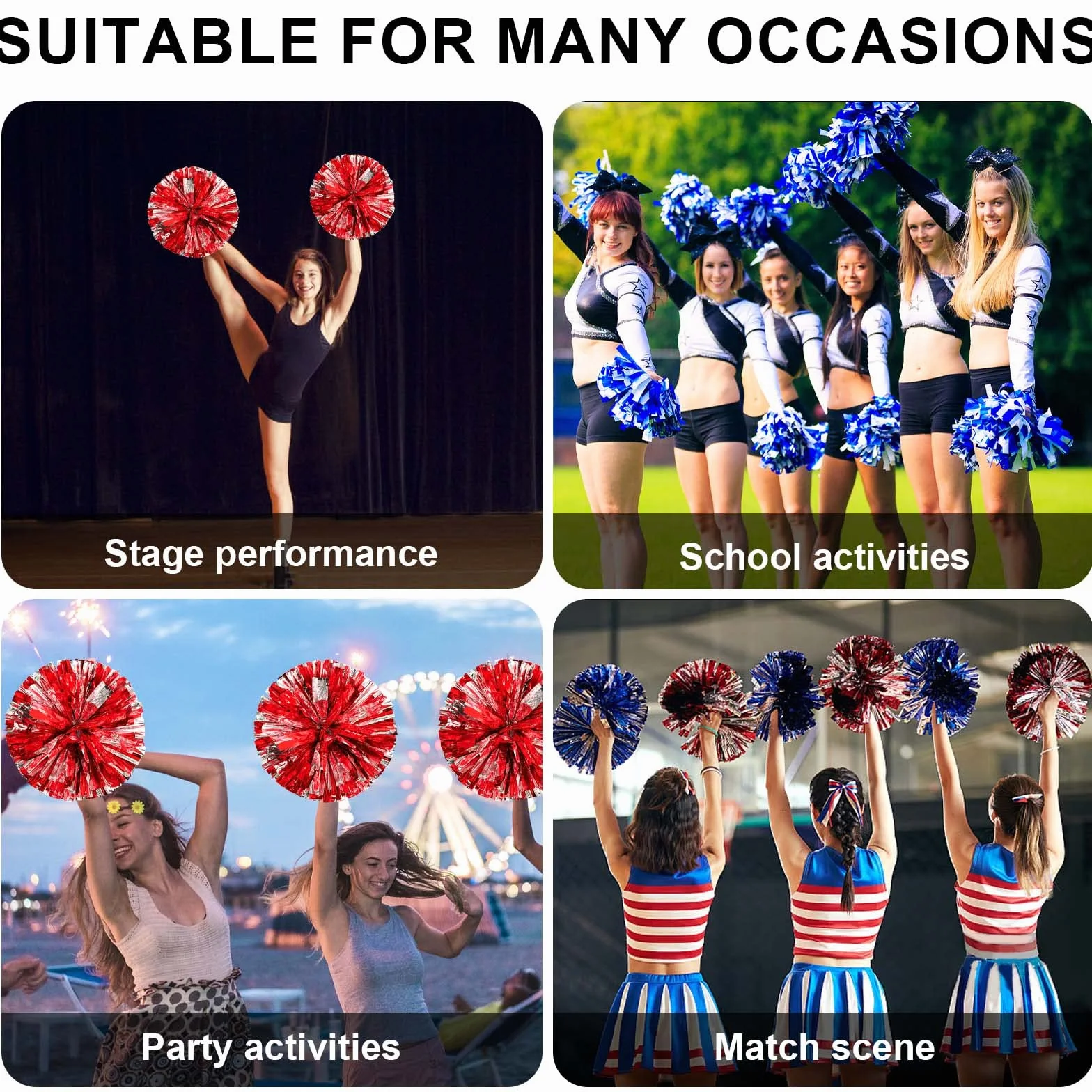 Pompon da Cheerleader con Manici 2 Pezzi Rosso per Ragazze Adulti Sport Festa