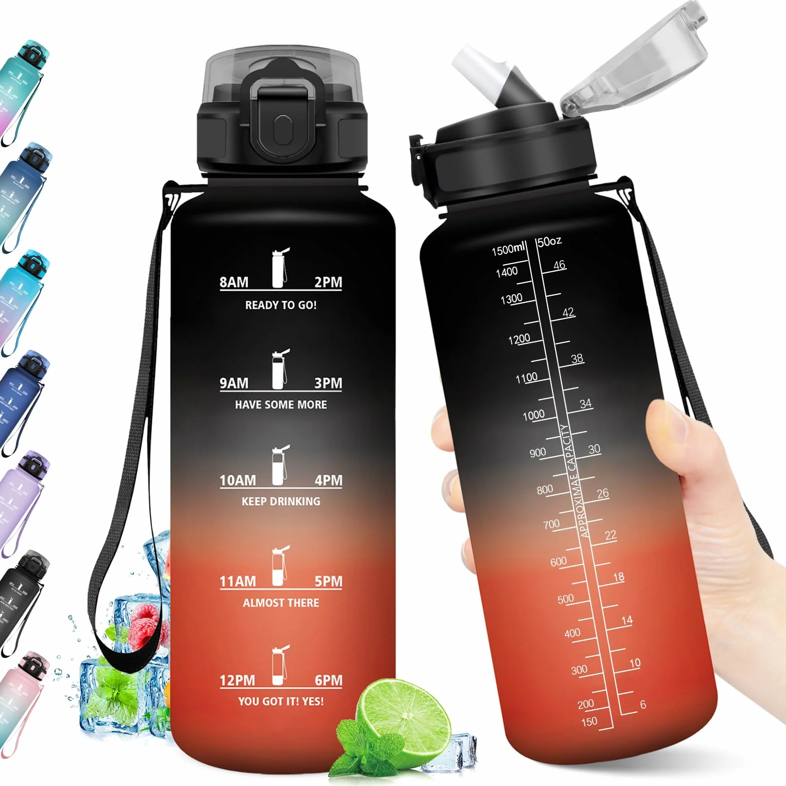 KollyKolla Borraccia 1.5L con Cannuccia e Marcatori Temporali, Bottiglia Riutilizzabile senza BPA, A Prova di Perdite