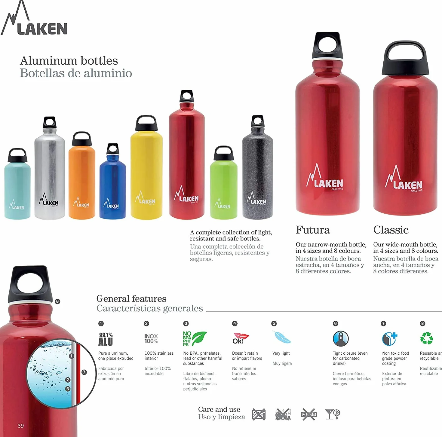 Laken Classic Borraccia Bottiglia d'acqua 1 Litro Granito Apertura Ampia Tappo a Vite con Impugnatura