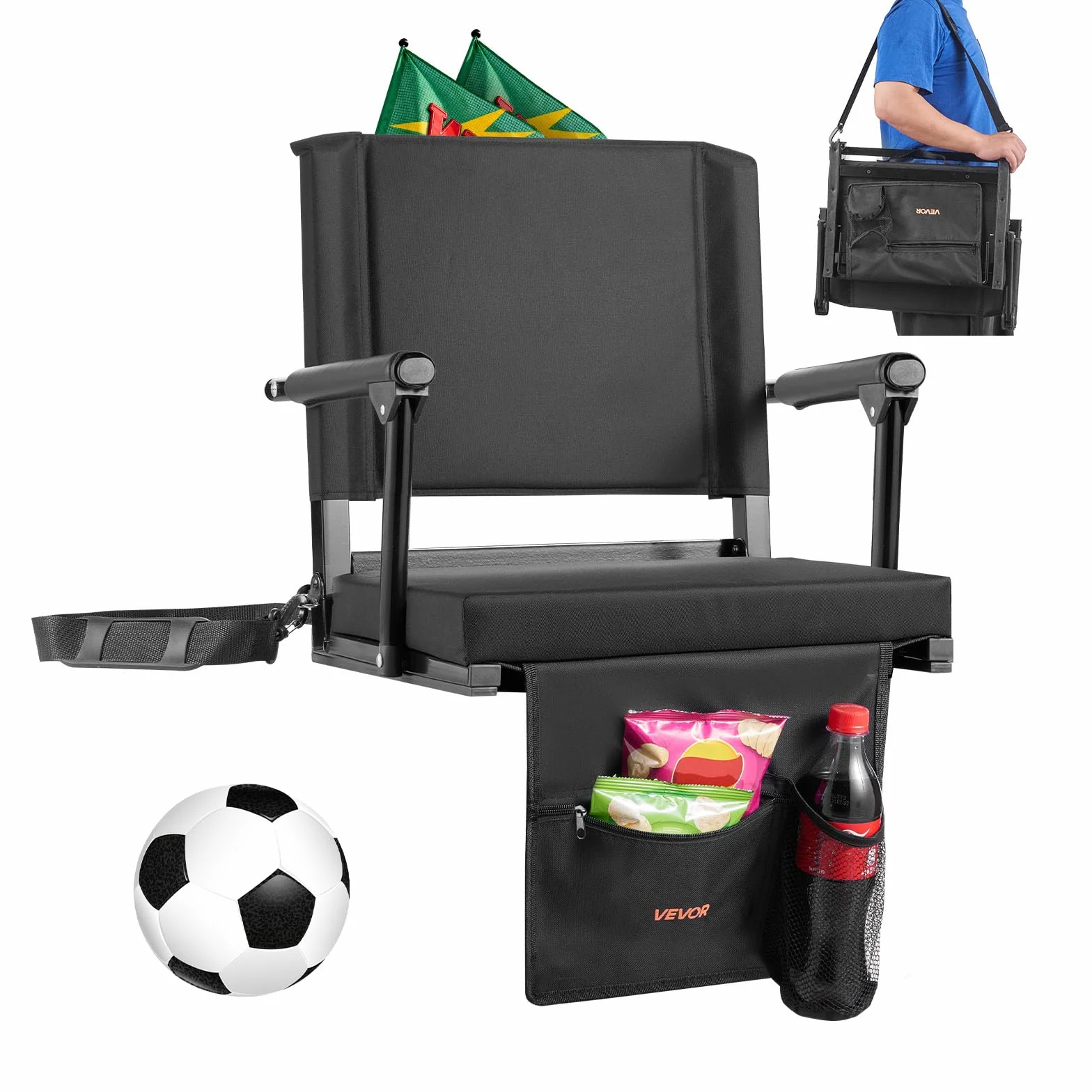 VEVOR Sedia da Stadio Portatile con Schienale e Braccioli Sedile a Pavimento per Eventi Sportivi, Cuscino da Stadio Realizzata in Tessuto Oxford 600D Larghezza Totale 474,98 mm, Nera