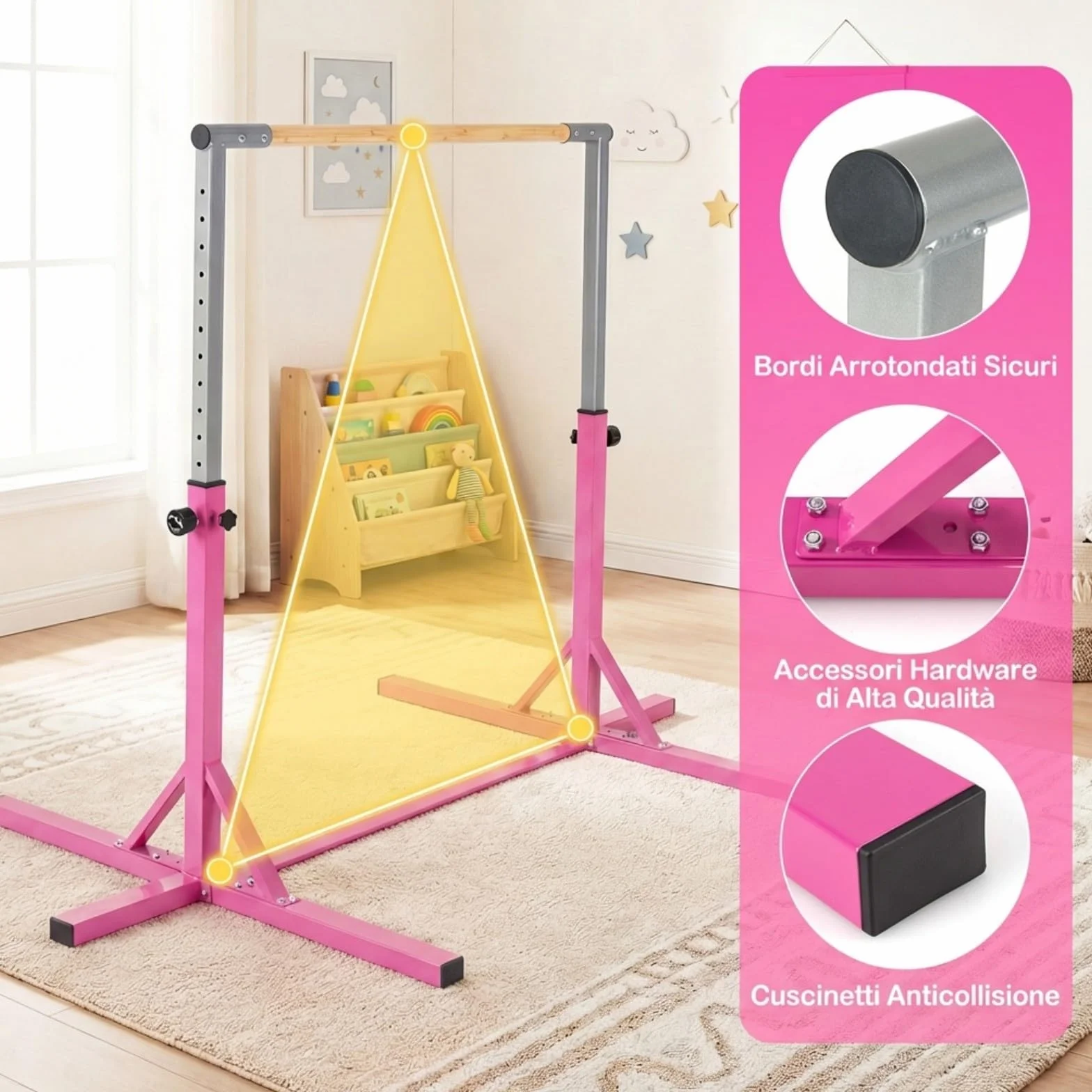 COSTWAY Sbarra per Ginnastica e Danza per Bambini, Barra in Metallo e Bambù Regolabile in Altezza 85-145 cm, Portatile con Cuscinetti Antiscivolo