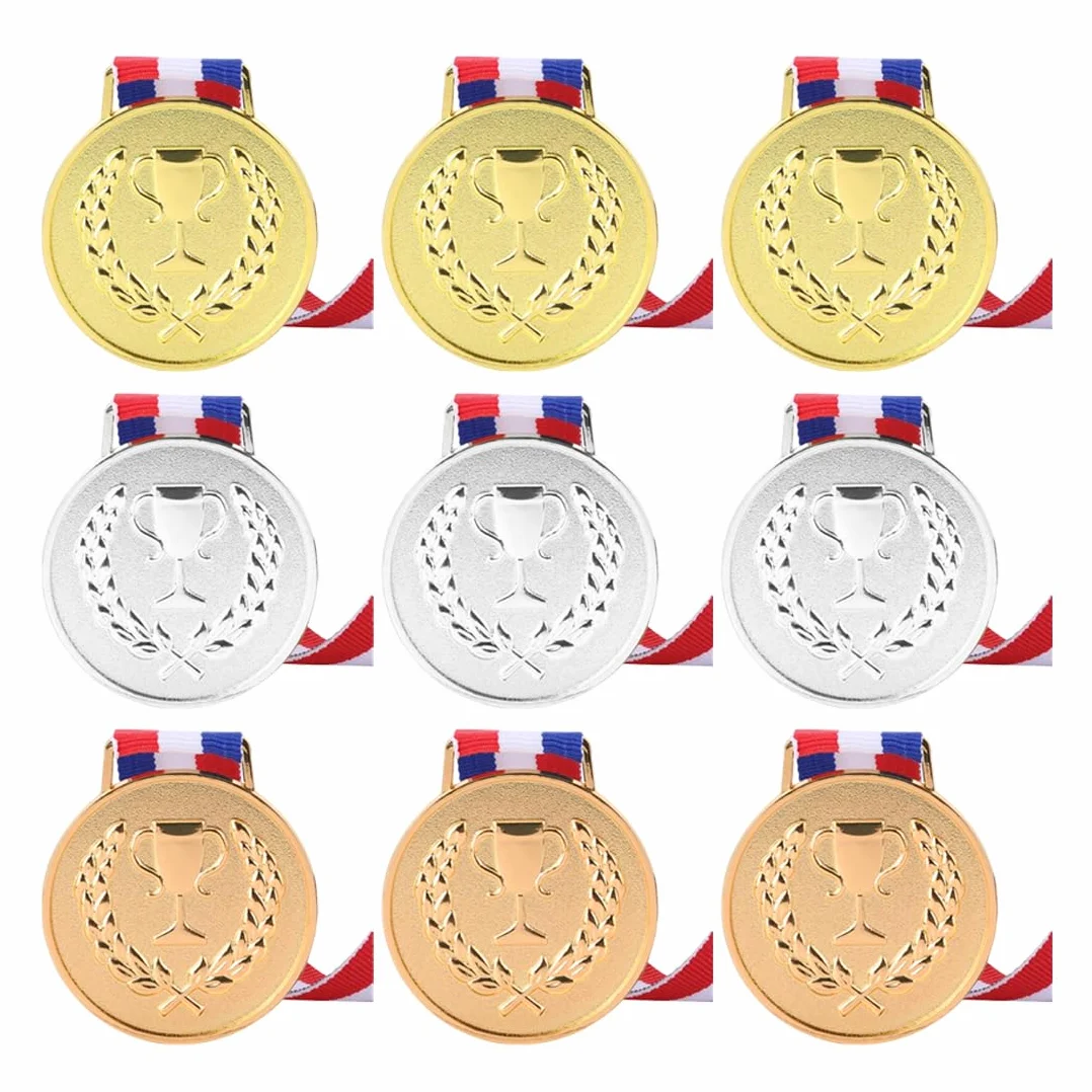 Medaglie Premiazioni Metallo 9 Pezzi Oro Argento Bronzo con Nastro Collo Vincitore 1 2 3 Stile Olimpico per Sport Scolastico