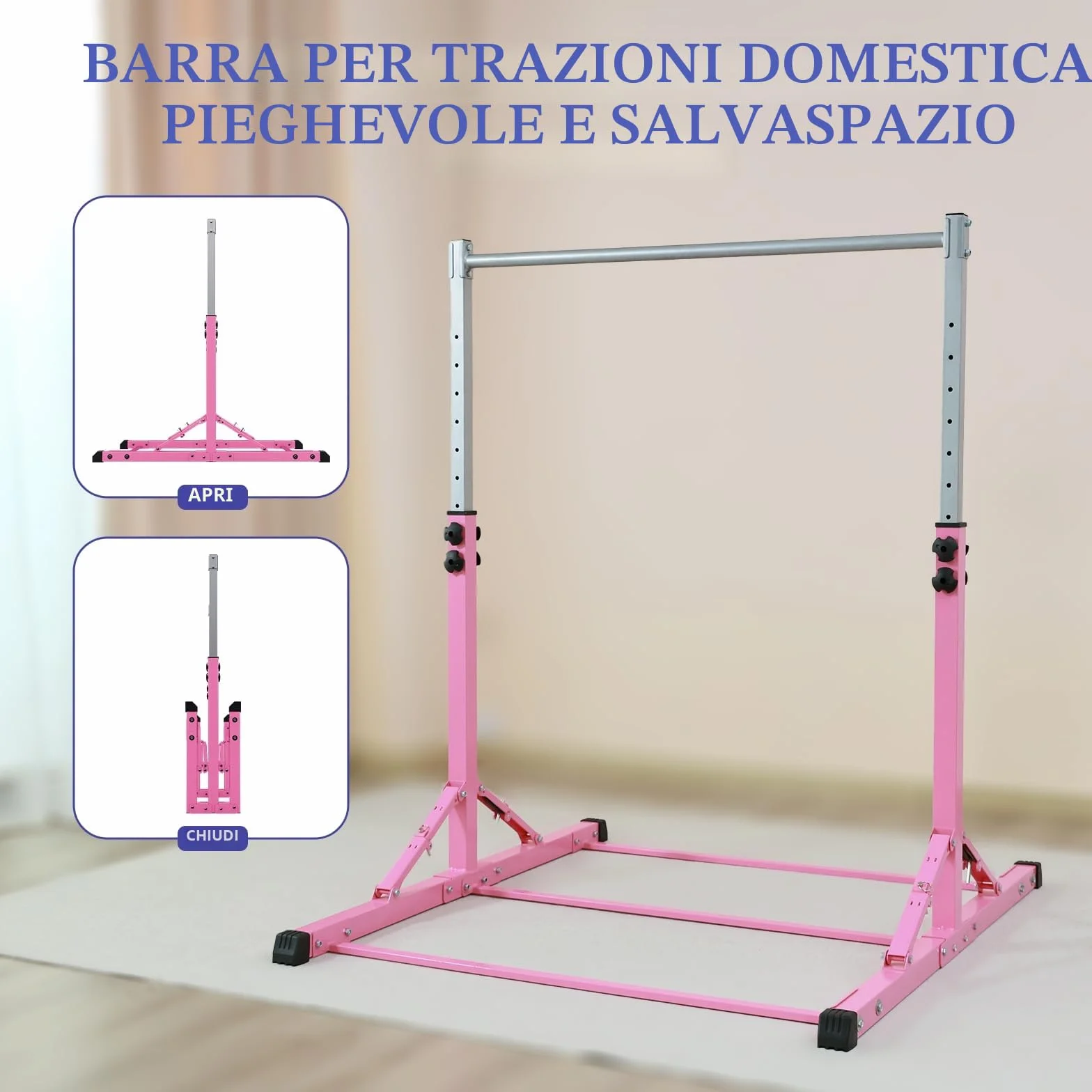Barra da Ginnastica Pieghevole per Bambini, Regolabile in Altezza, Struttura in Acciaio Stabile, Antiscivolo