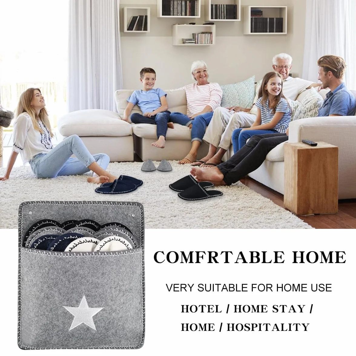 Set di 6 paia di pantofole in feltro in 3 misure e custodia, antiscivolo e lavabili, perfette per viaggi in famiglia, Nero , Taglia unica