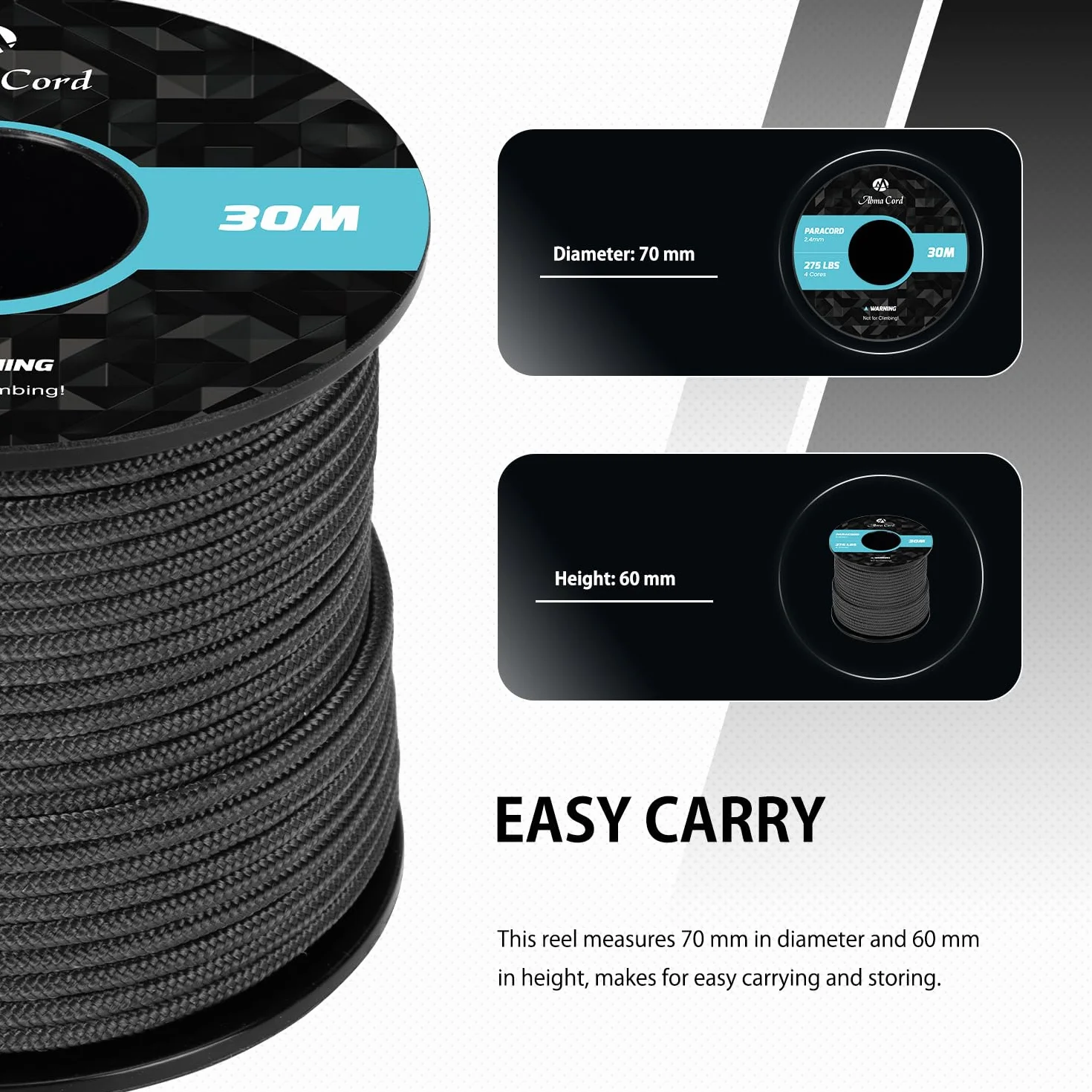 Abma Cord 30M Paracord 275 Nylon Corda 2,4 mm Cavo Multiuso Nero