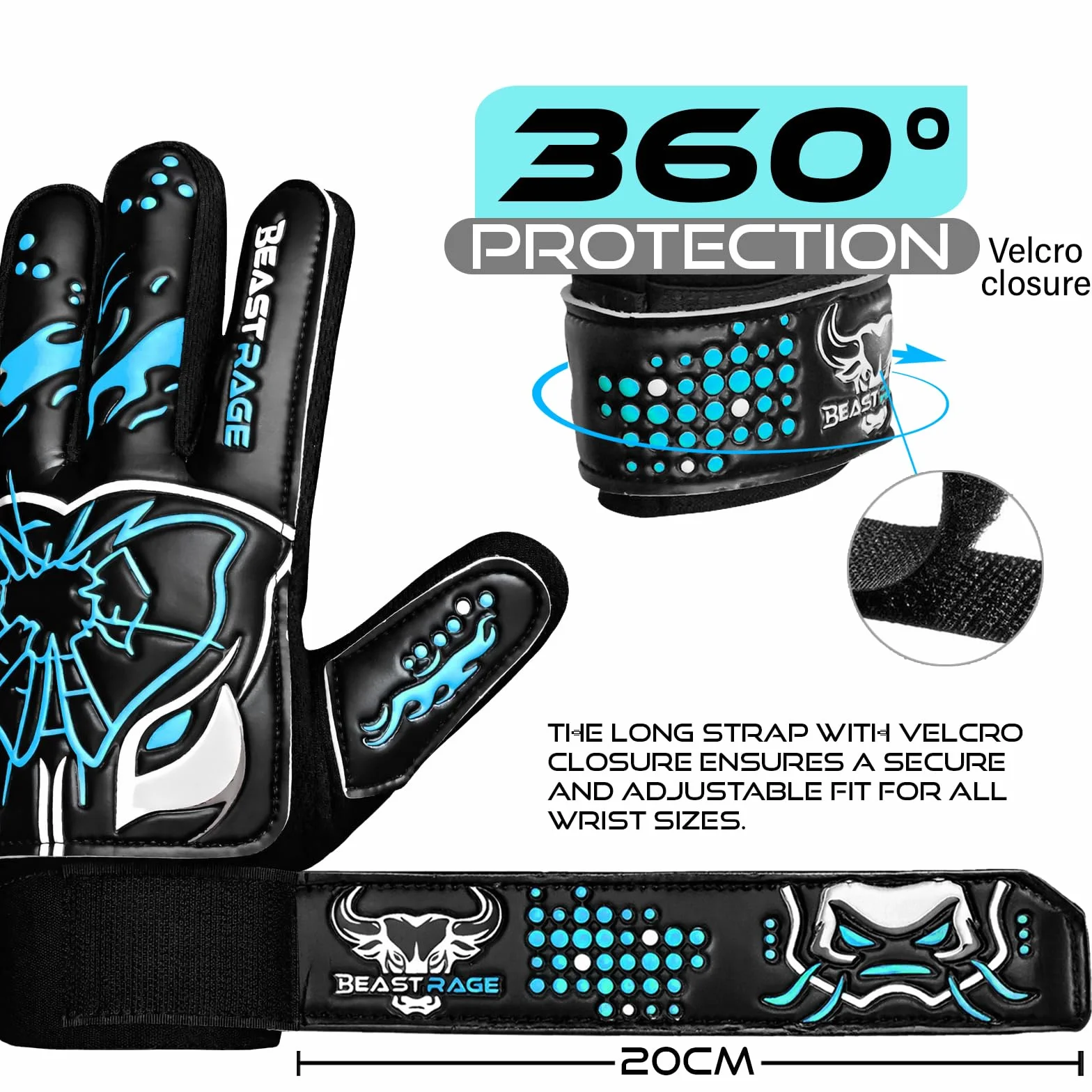 BEAST RAGE Guanti da portiere bambini lattice tedesco antiscivolo palmo laminato 3+4 mm dorso leggero cinturino regolabile