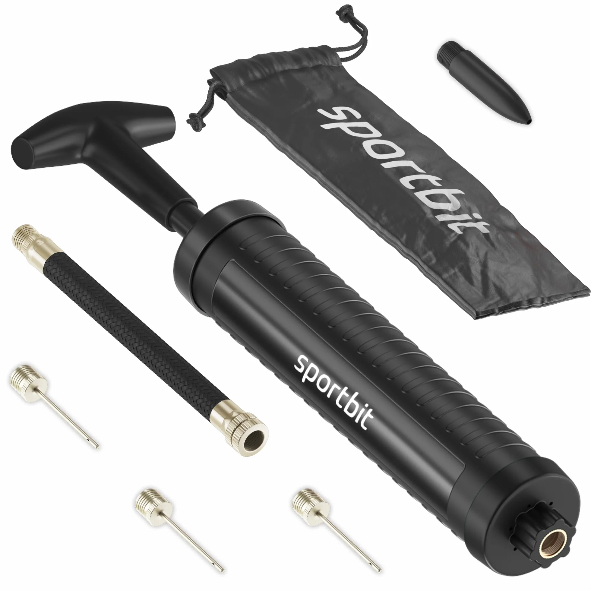 SPORTBIT Pompa a Mano per Palloni Sportivi, Calcio, Basket, Pallavolo, Gonfiabili da Piscina con 3 Aghi, Tubo Flessibile e Custodia