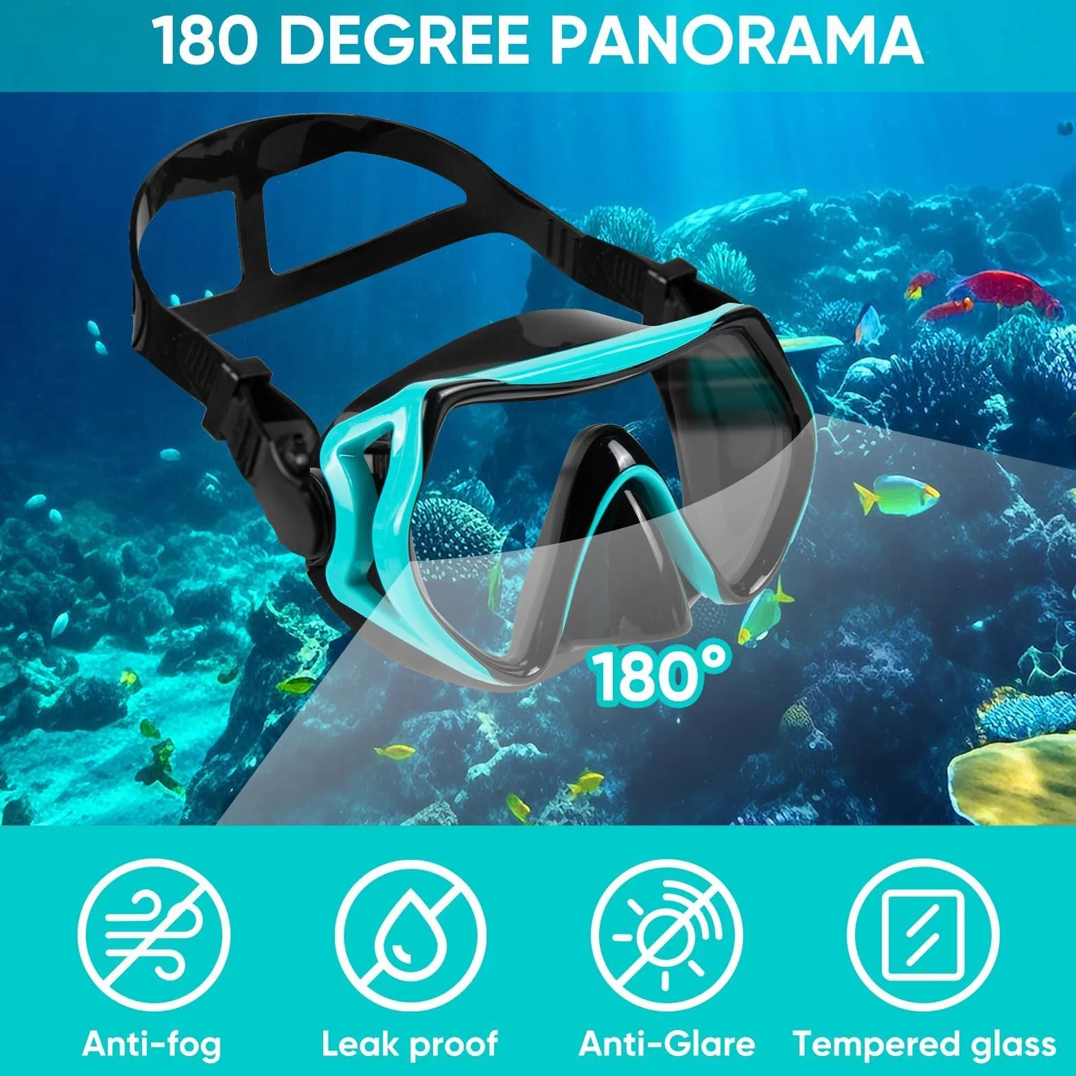 Maschera Snorkeling, Maschera Subacquea Adulti con Maschera e Boccaglio Snorkeling, Maschera per Immersioni Anti-Nebbia & Anti-Perdite Panoramica 180°, Set per Snorkeling Adulti per Donne e Uomo