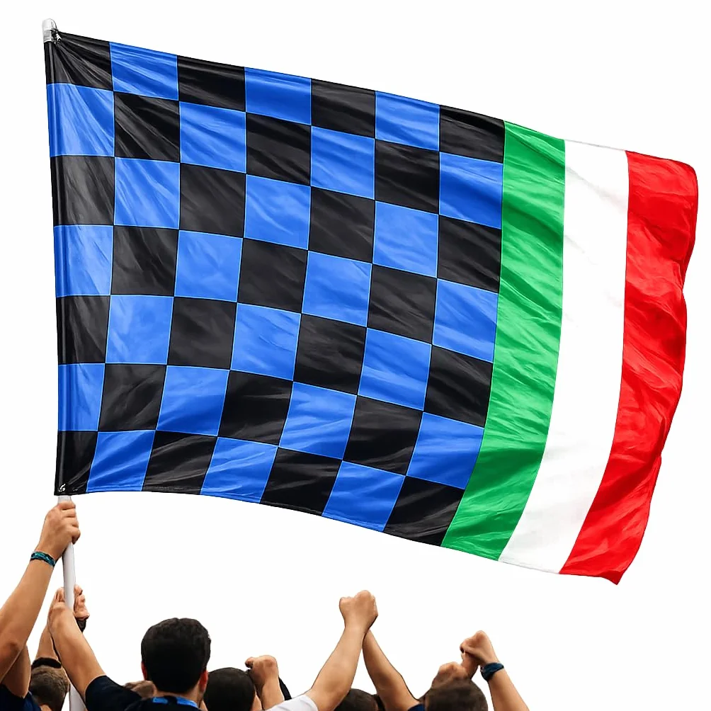 Bandiera Stadio Scacchi Nero Azzurri 100x150 cm Bandierone 140 x 200 cm Con Tricolore/Bandiere Nero azzurre Tifosi Neroazzurri Internazionale | Scudetto Calcio Tifosi Interisti PS 03652-01