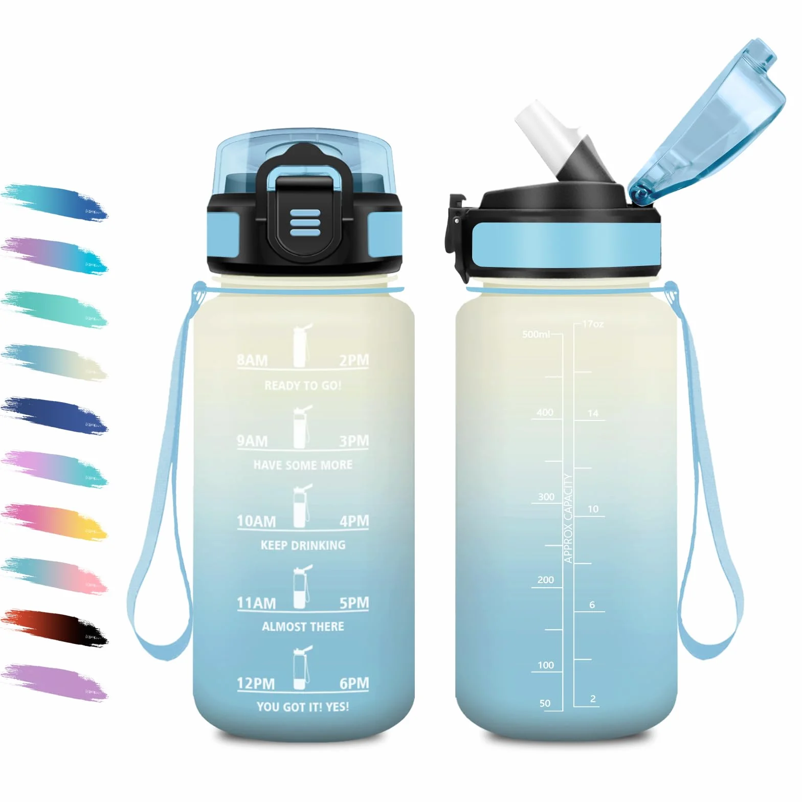 KollyKolla Borraccia 500ml con Cannuccia, a Prova di Perdite, Indicatore del Tempo, Bottiglia Acqua Motivazionale per Ufficio, Escursionismo, Yoga