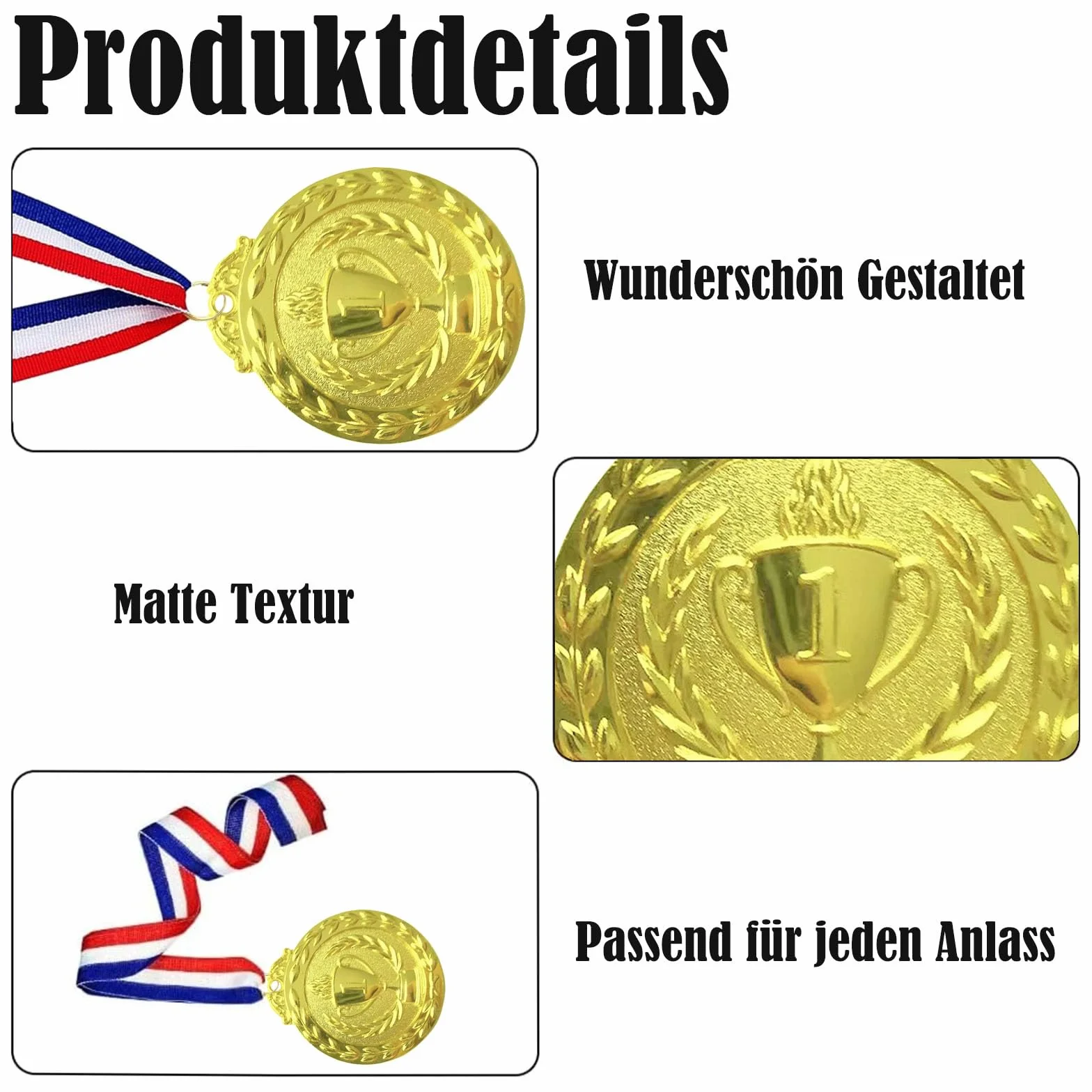Medaglie in Metallo Oro Argento Bronzo per Bambini Vincitori Concorsi Feste Stile Olimpico con Collari, 12 Pezzi
