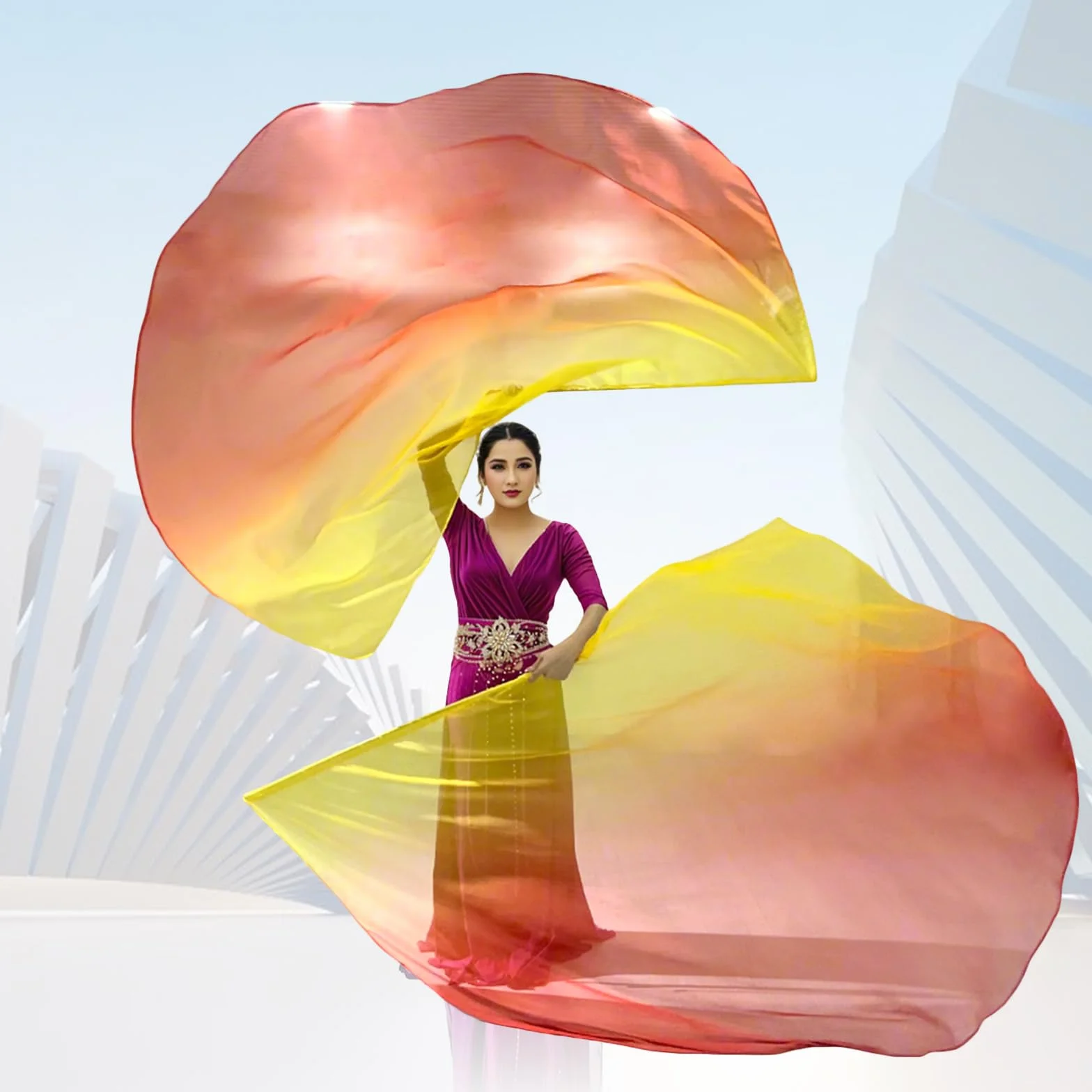 2 Sets of 55 x 78" Dance Metallic Semicircle Worship Angel Wing Flags with Scalable Rods - Praise Flags Worship Silk Flex Flag for Dance Church Performance-yellow-red